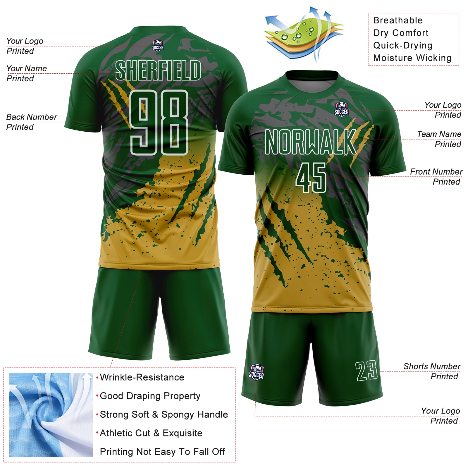 Custom Green White-Old Gold Gradient Claw Mark Splatter Sports Sublimation Soccer Uniform Jersey - Image 4