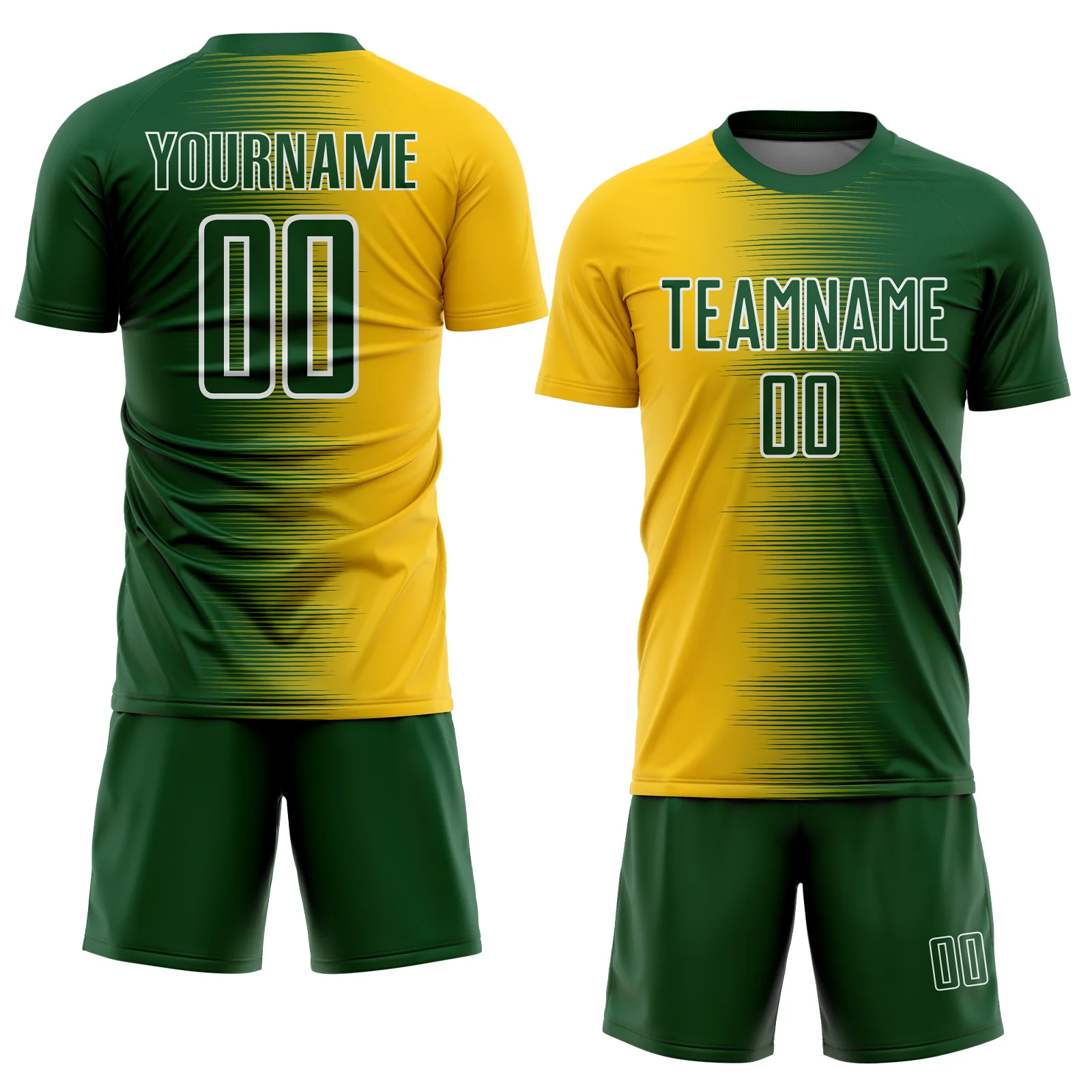 Custom Green White-Yellow Gradient Line Sublimation Soccer Uniform Jersey - Image 2