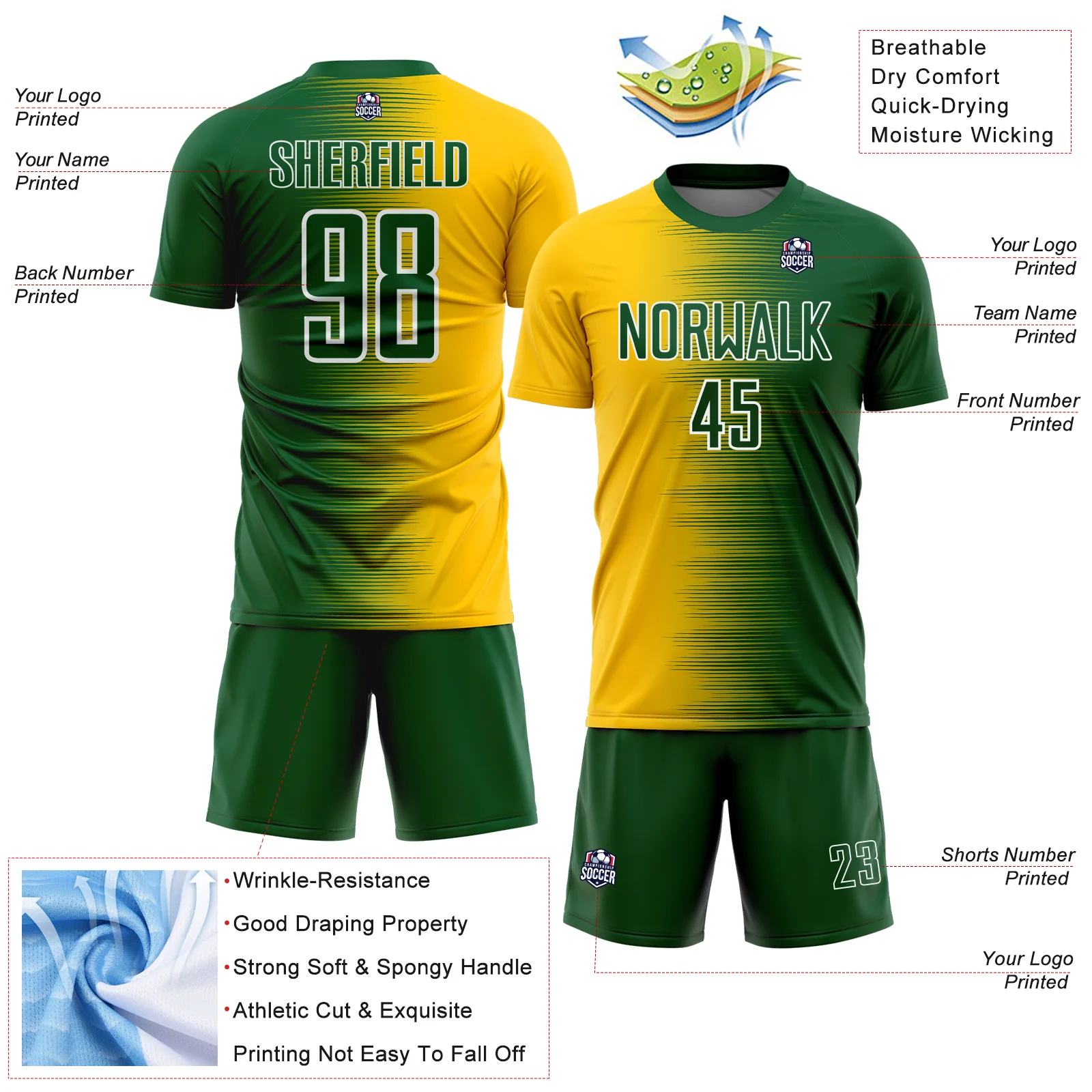 Custom Green White-Yellow Gradient Line Sublimation Soccer Uniform Jersey - Image 4