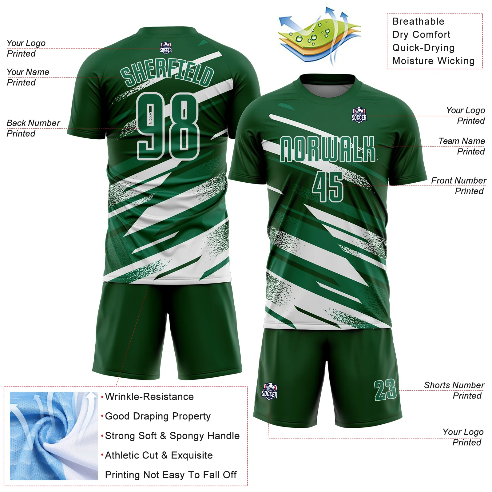 Custom Green Kelly Green-White Grunge Stripe And Grainy Sports Sublimation Soccer Uniform Jersey - Image 4