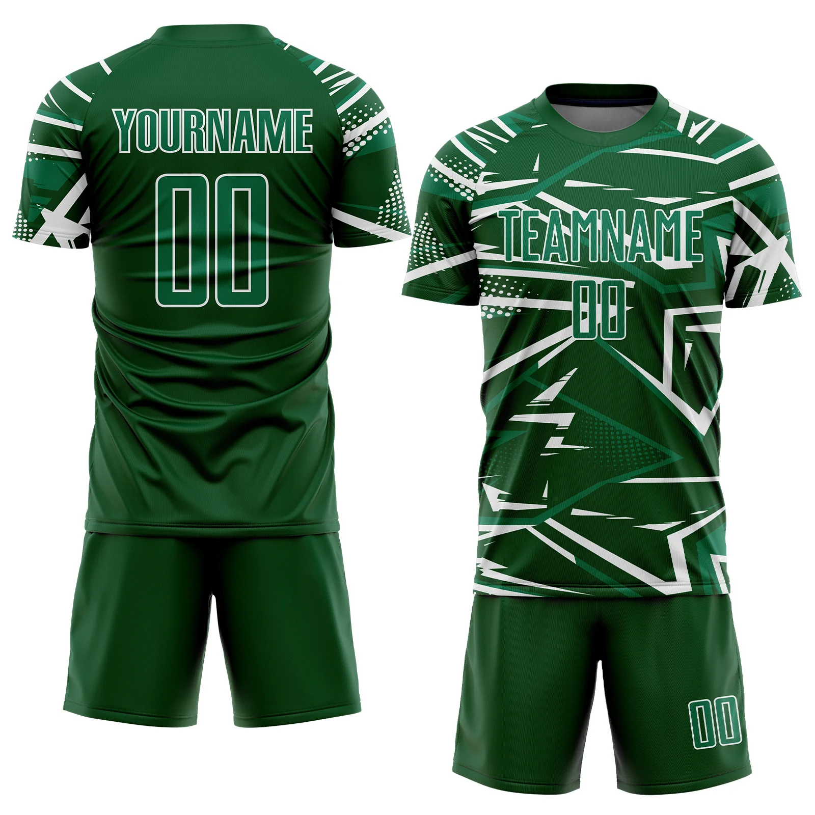 Custom Green Kelly Green-White Abstract Geometric Stripes Sports Sublimation Soccer Uniform Jersey - Image 2