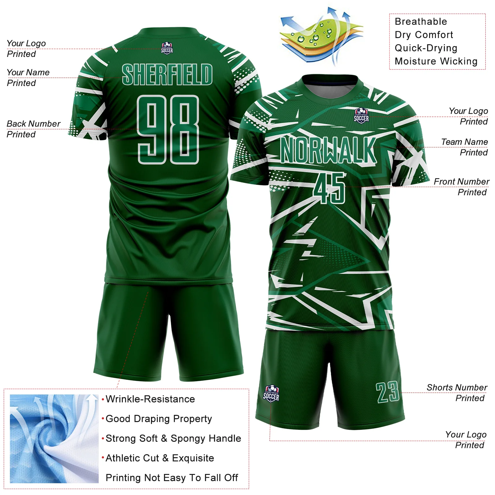 Custom Green Kelly Green-White Abstract Geometric Stripes Sports Sublimation Soccer Uniform Jersey - Image 4