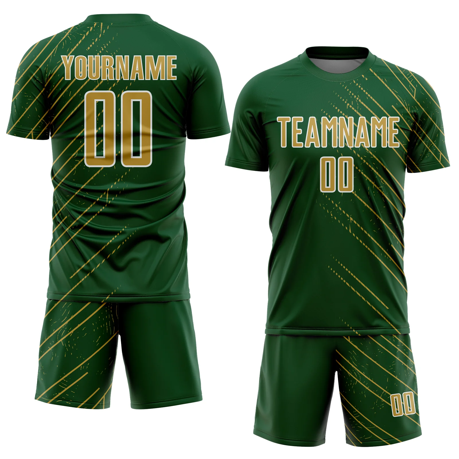 Custom Green Old Gold-White Lines Sports Sublimation Soccer Uniform Jersey - Image 2