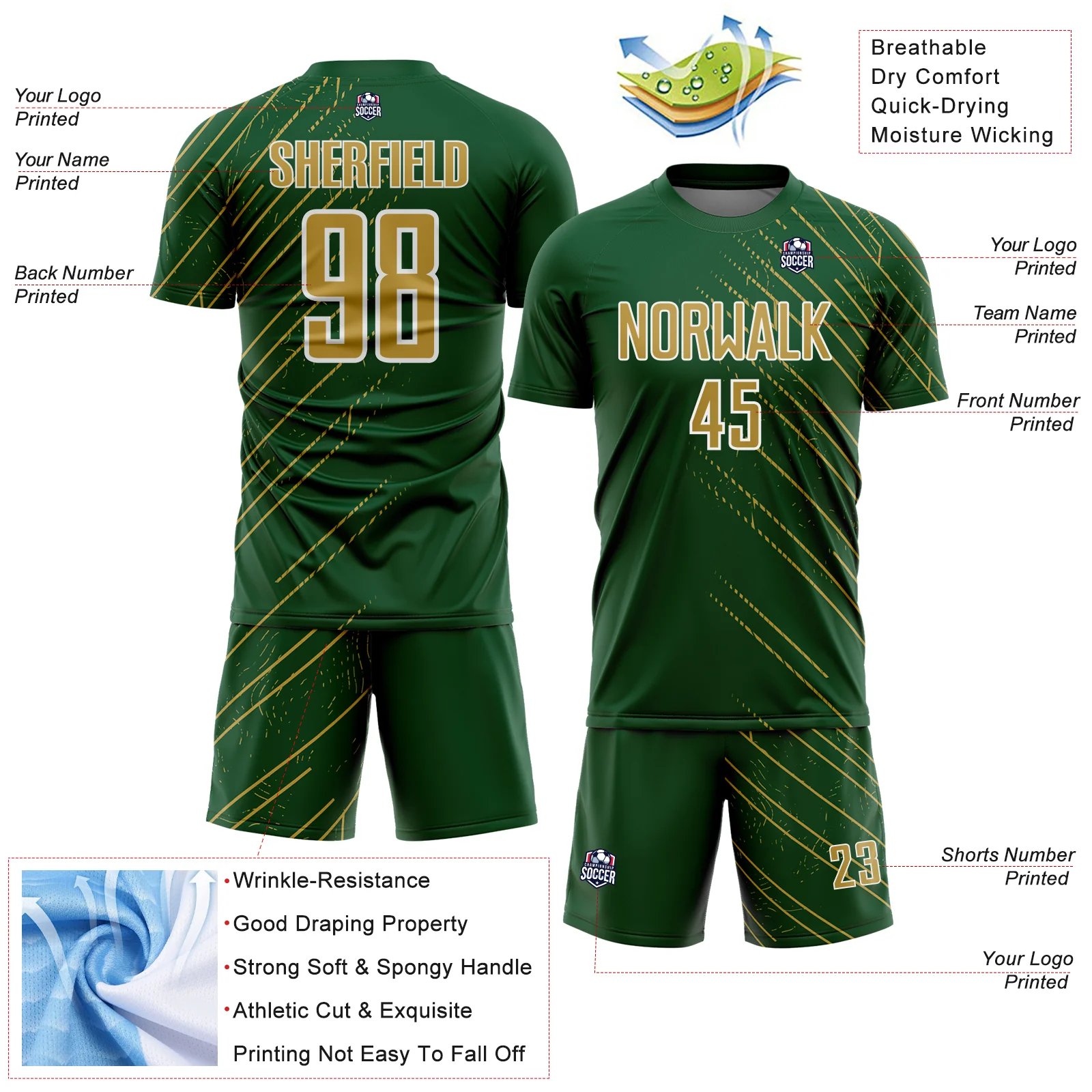 Custom Green Old Gold-White Lines Sports Sublimation Soccer Uniform Jersey - Image 4