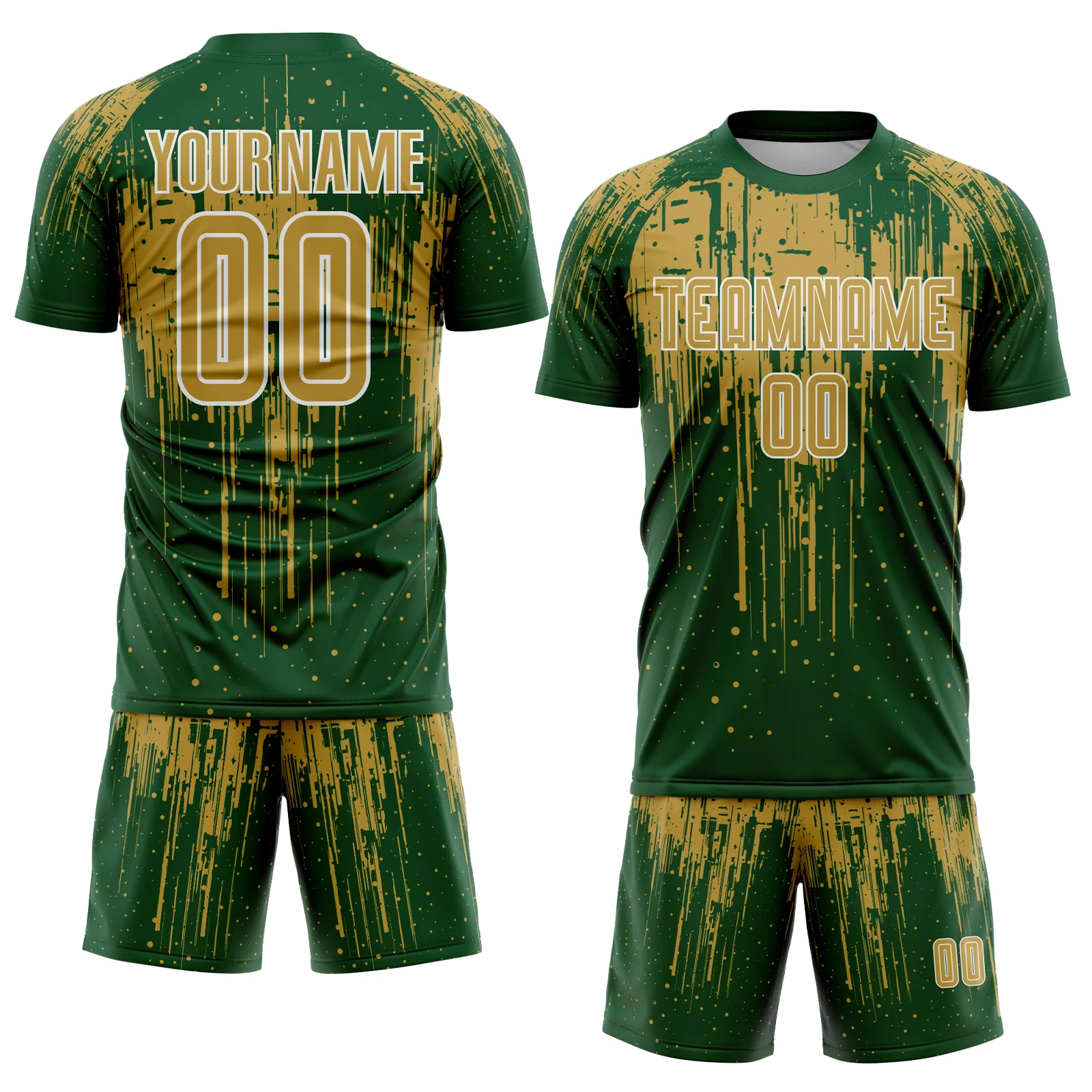 Custom Green Old Gold-White Dripping Splatte Pattern Sports Sublimation Soccer Uniform Jersey - Image 2