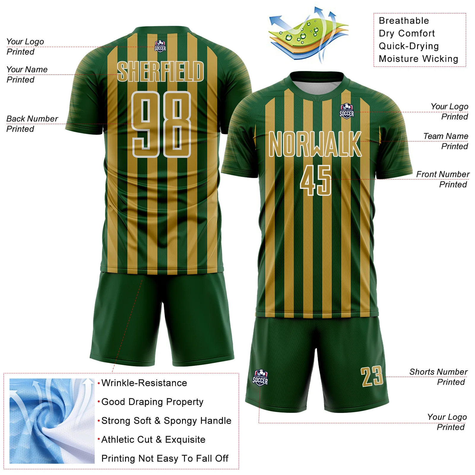 Custom Green Old Gold-White Stripe Sports Sublimation Soccer Uniform Jersey - Image 4