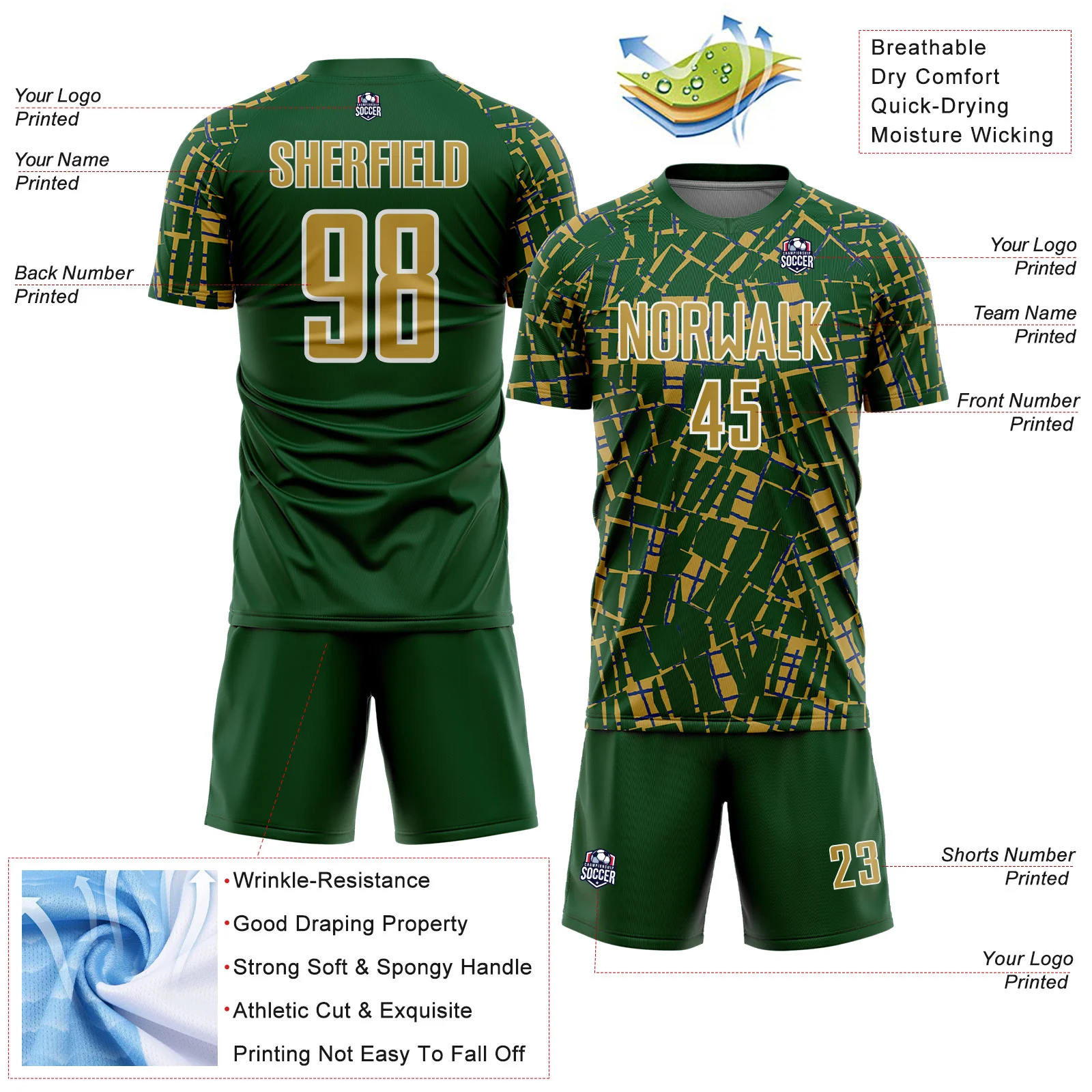 Custom Green Old Gold-White Abstract Line Sports Sublimation Soccer Uniform Jersey - Image 4