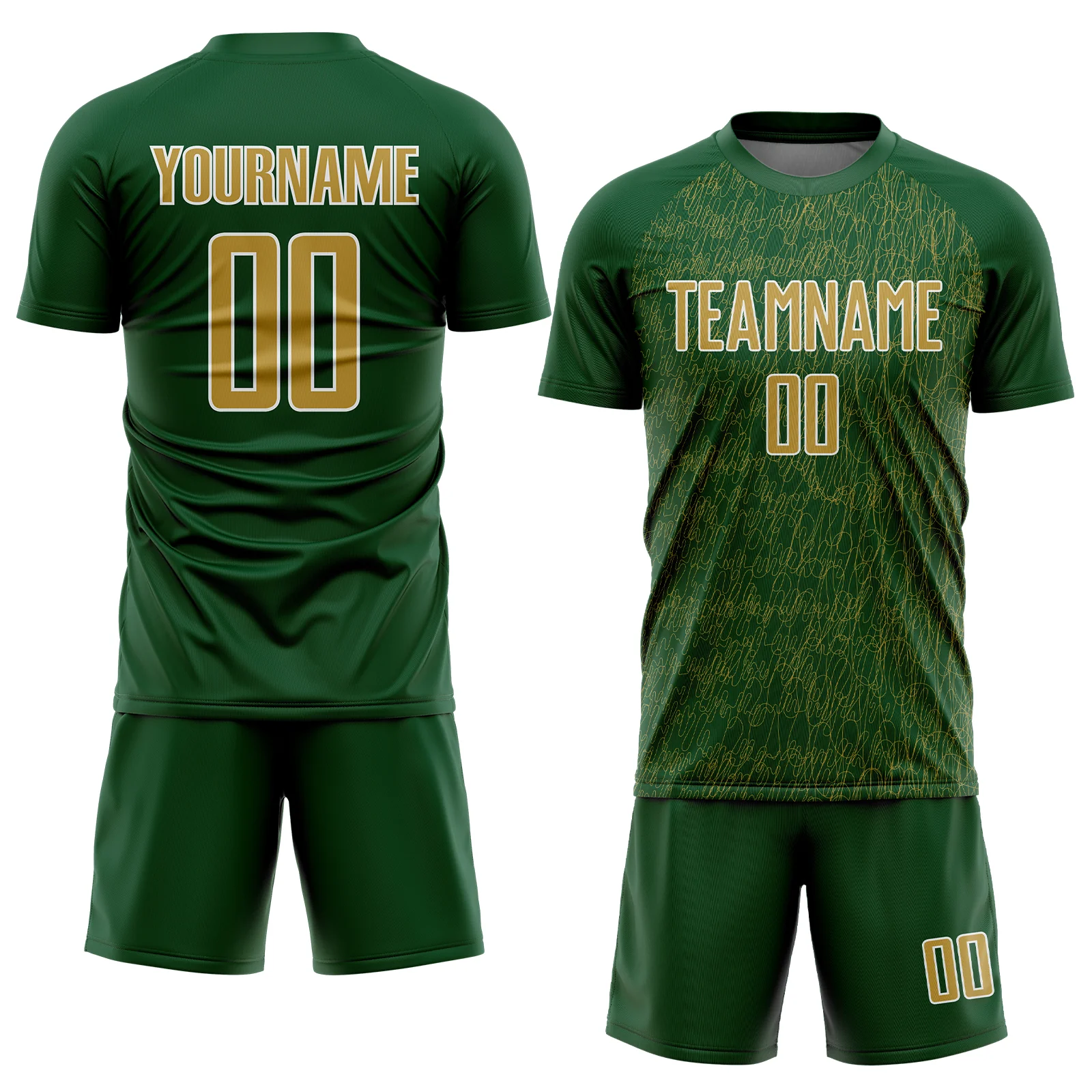 Custom Green Old Gold-White Abstract Scribble Curve Line Pattern Sports Sublimation Soccer Uniform Jersey - Image 2