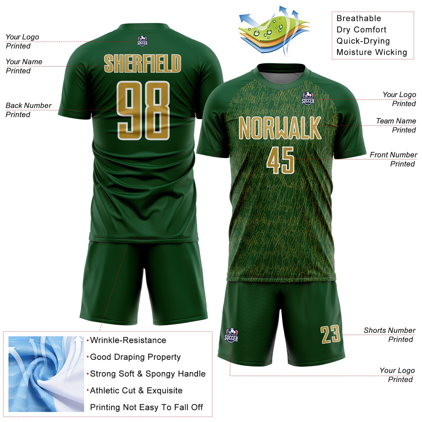 Custom Green Old Gold-White Abstract Scribble Curve Line Pattern Sports Sublimation Soccer Uniform Jersey - Image 4