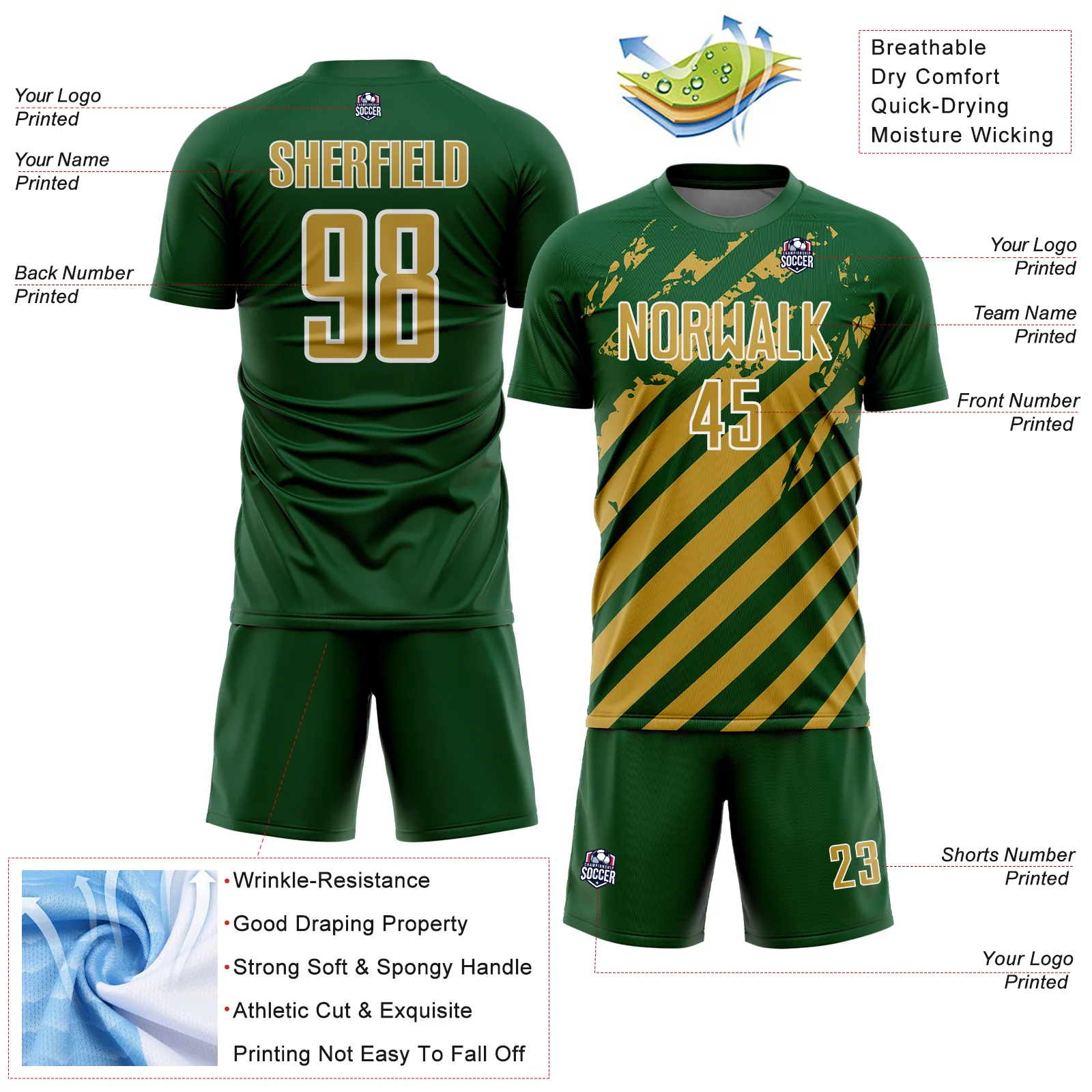 Custom Green Old Gold-White Distressed Diagonal Stripe Pattern Sports Sublimation Soccer Uniform Jersey - Image 4