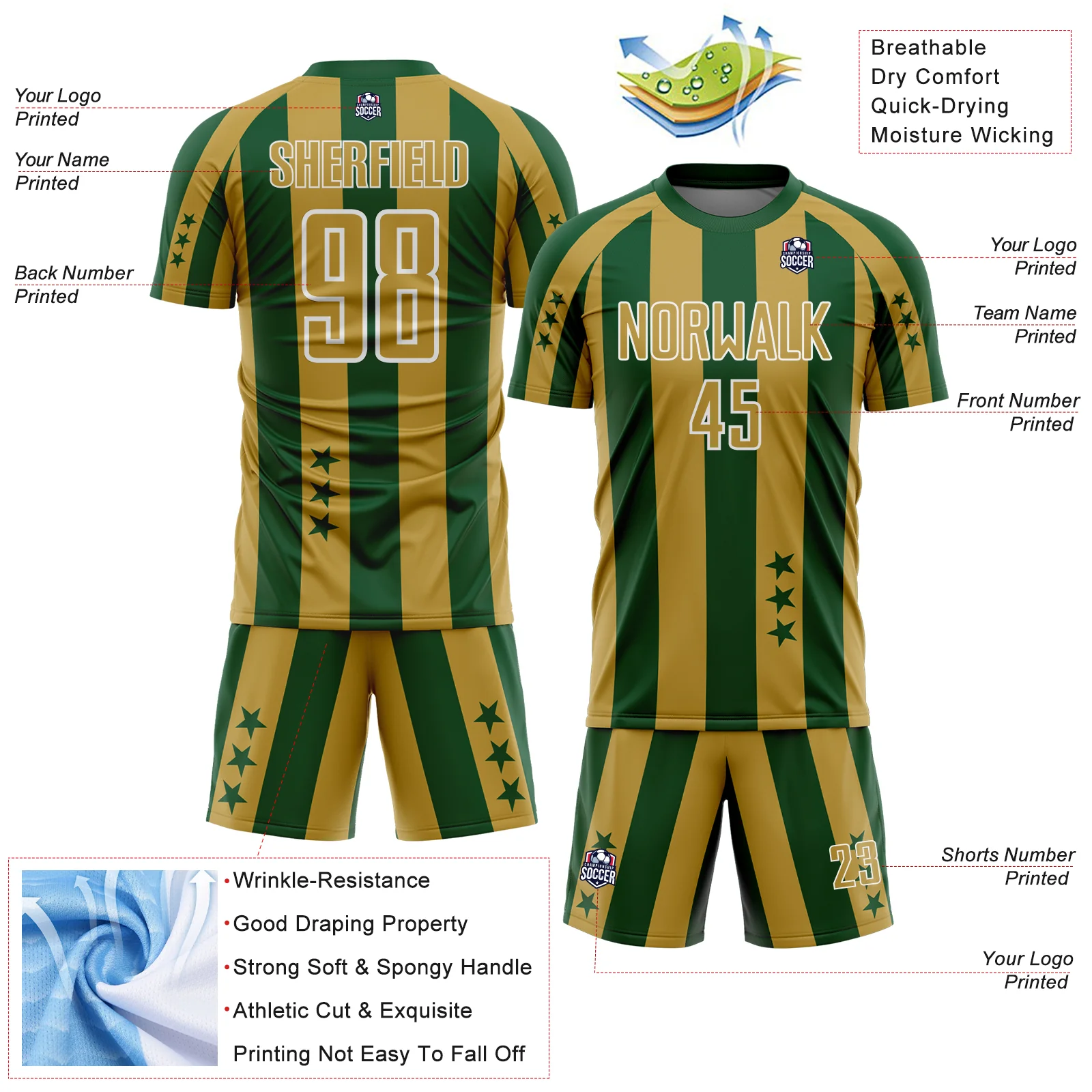 Custom Green Old Gold-White Stars And Stripes Sports Sublimation Soccer Uniform Jersey - Image 4