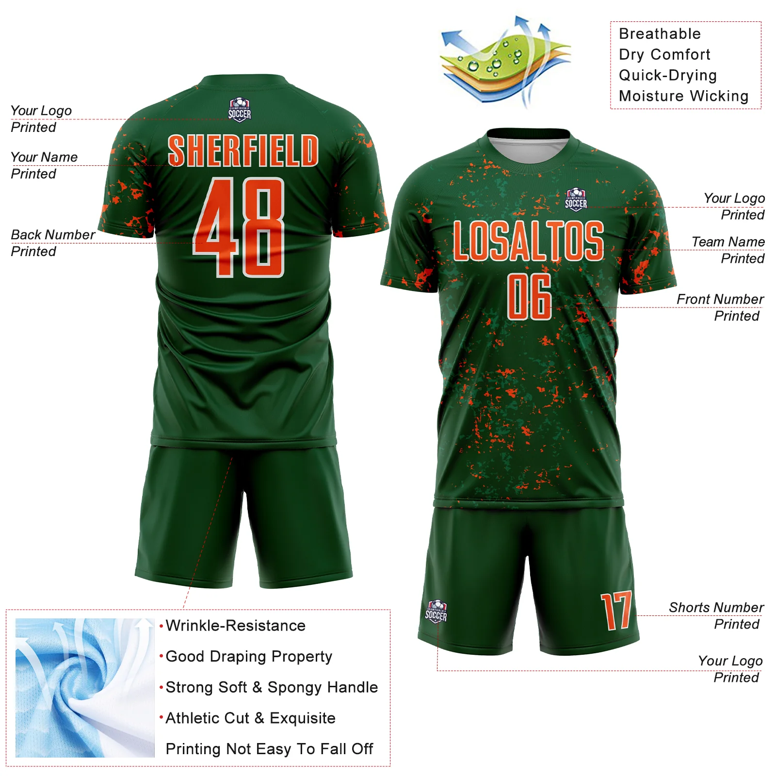Custom Green Orange-Kelly Green Abstract Fragment Art Sublimation Soccer Uniform Jersey - Image 4