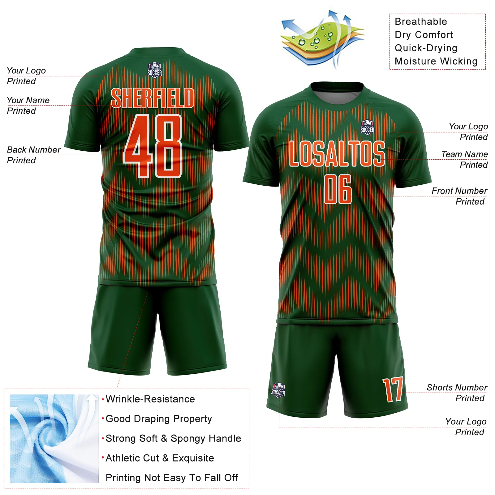 Custom Green Orange-White Line Sublimation Soccer Uniform Jersey - Image 4