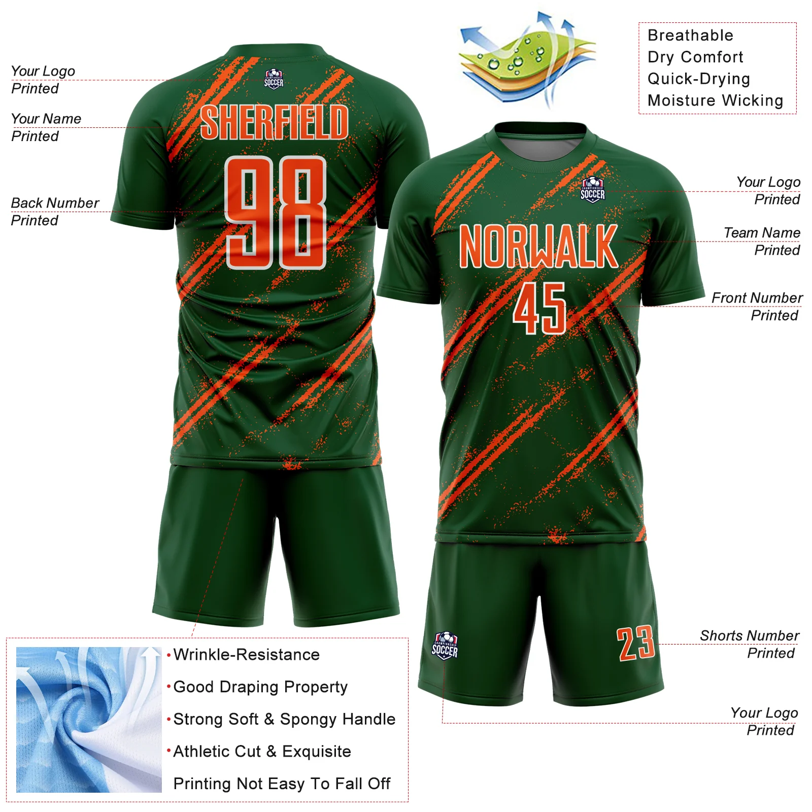 Custom Green Orange-White Abstract Fragment Art Splash Sublimation Soccer Uniform Jersey - Image 4