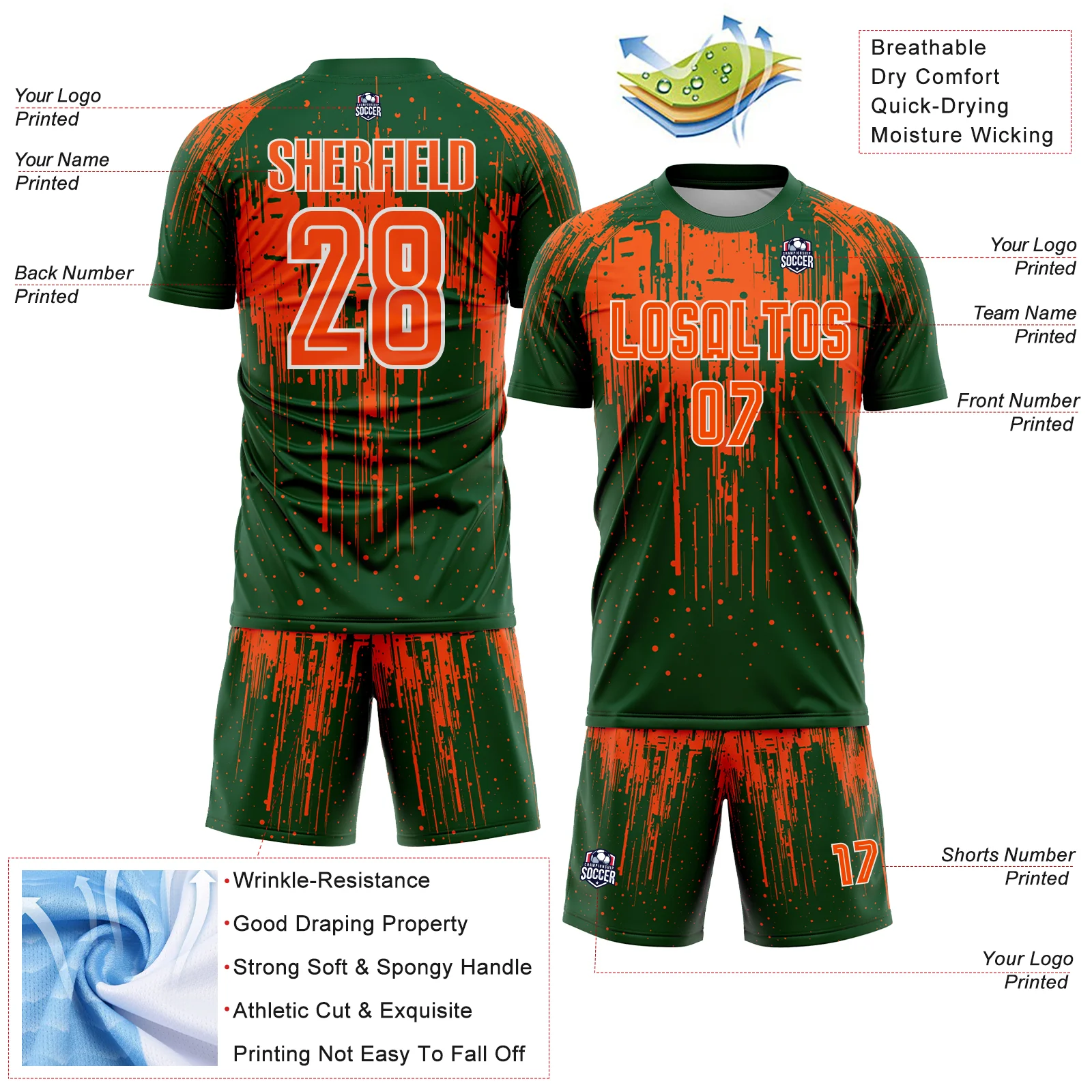 Custom Green Orange-White Dripping Splatte Pattern Sports Sublimation Soccer Uniform Jersey - Image 4