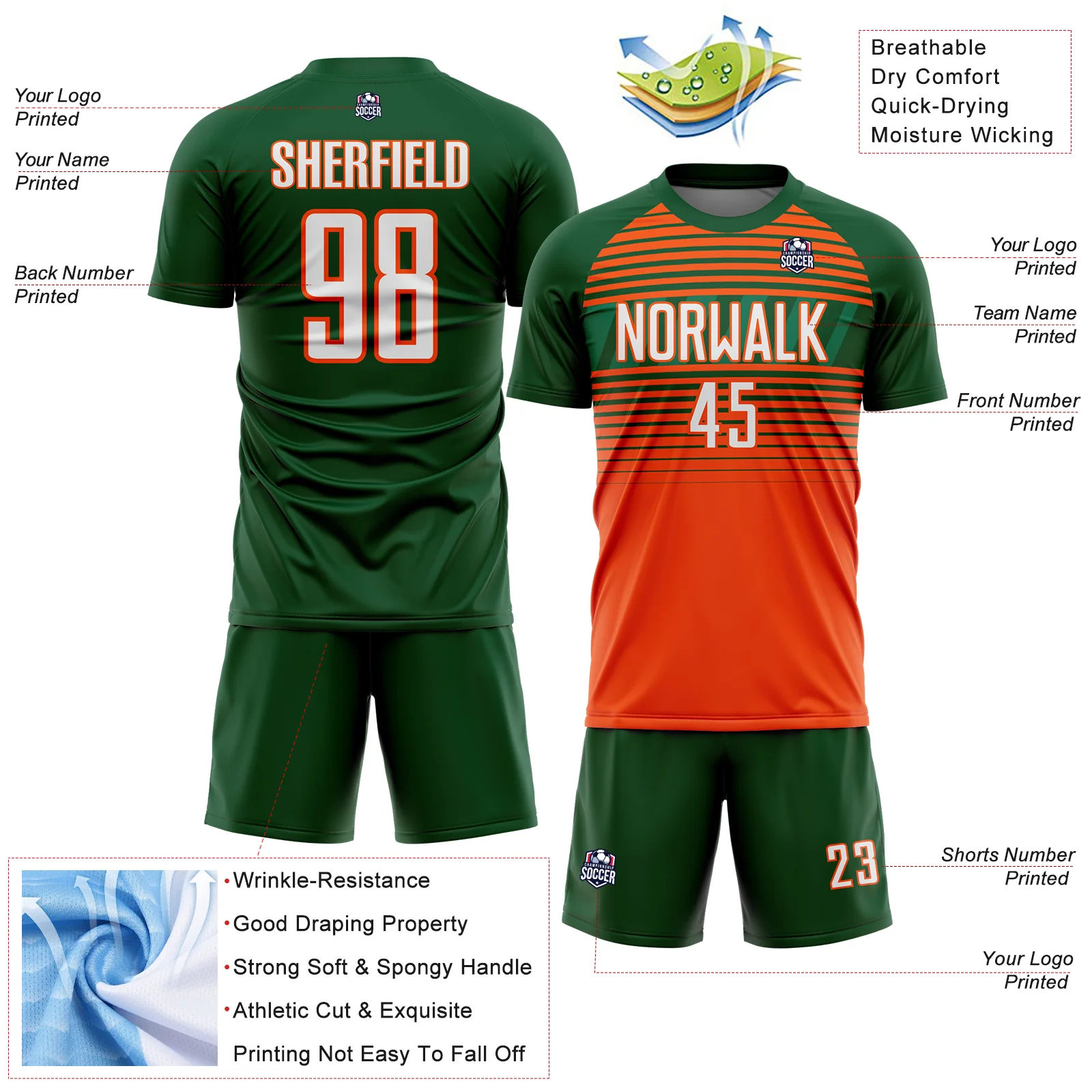 Custom Green Orange White-Kelly Green Gradient Horizontal Stripes Sublimation Soccer Uniform Jersey - Image 4