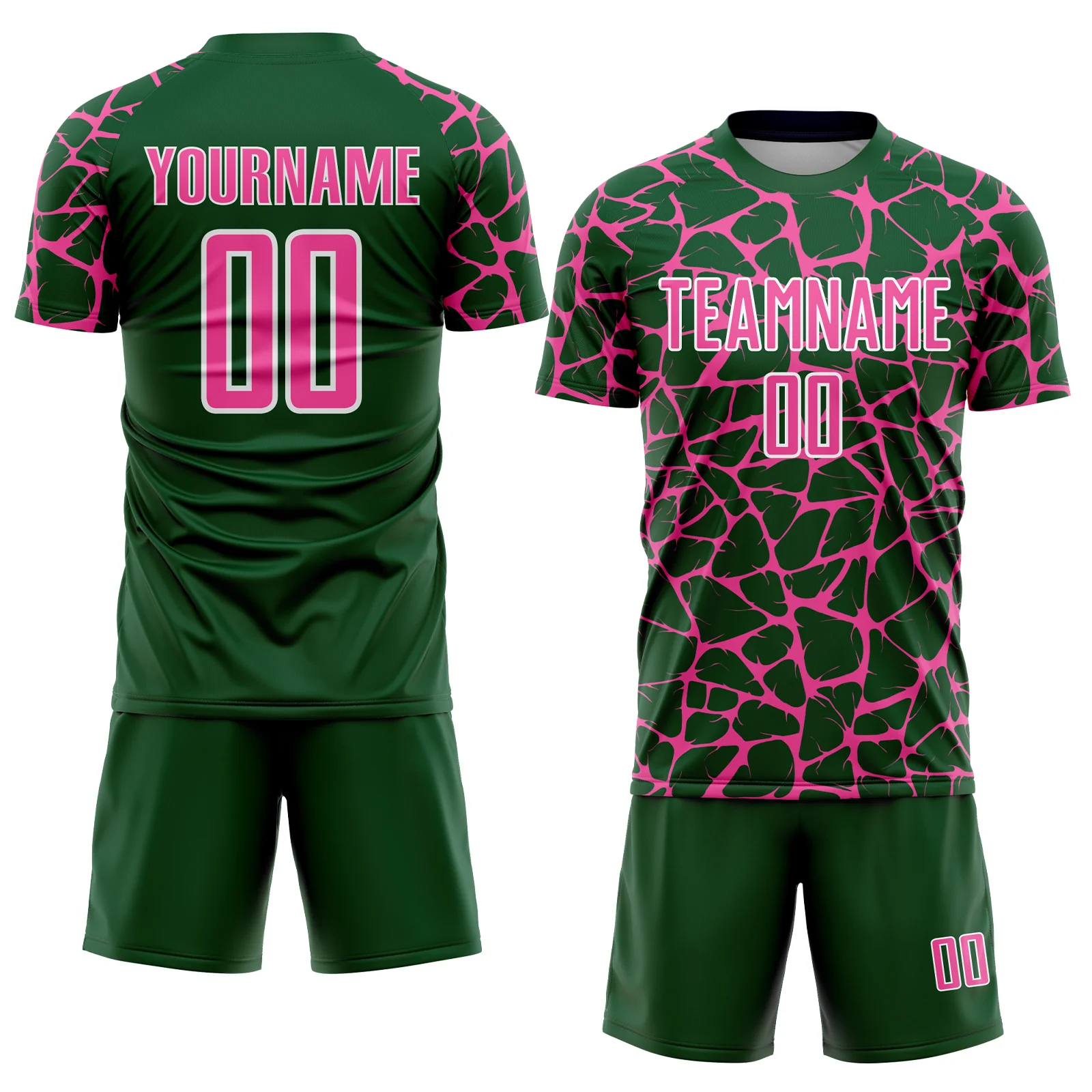Custom Green Pink-White Abstract Network Splash Sublimation Soccer Uniform Jersey - Image 2
