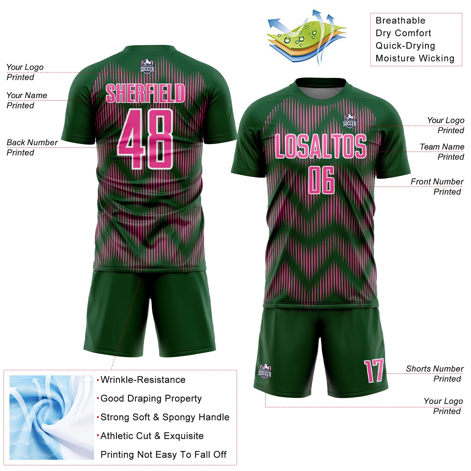 Custom Green Pink-White Line Sublimation Soccer Uniform Jersey - Image 4