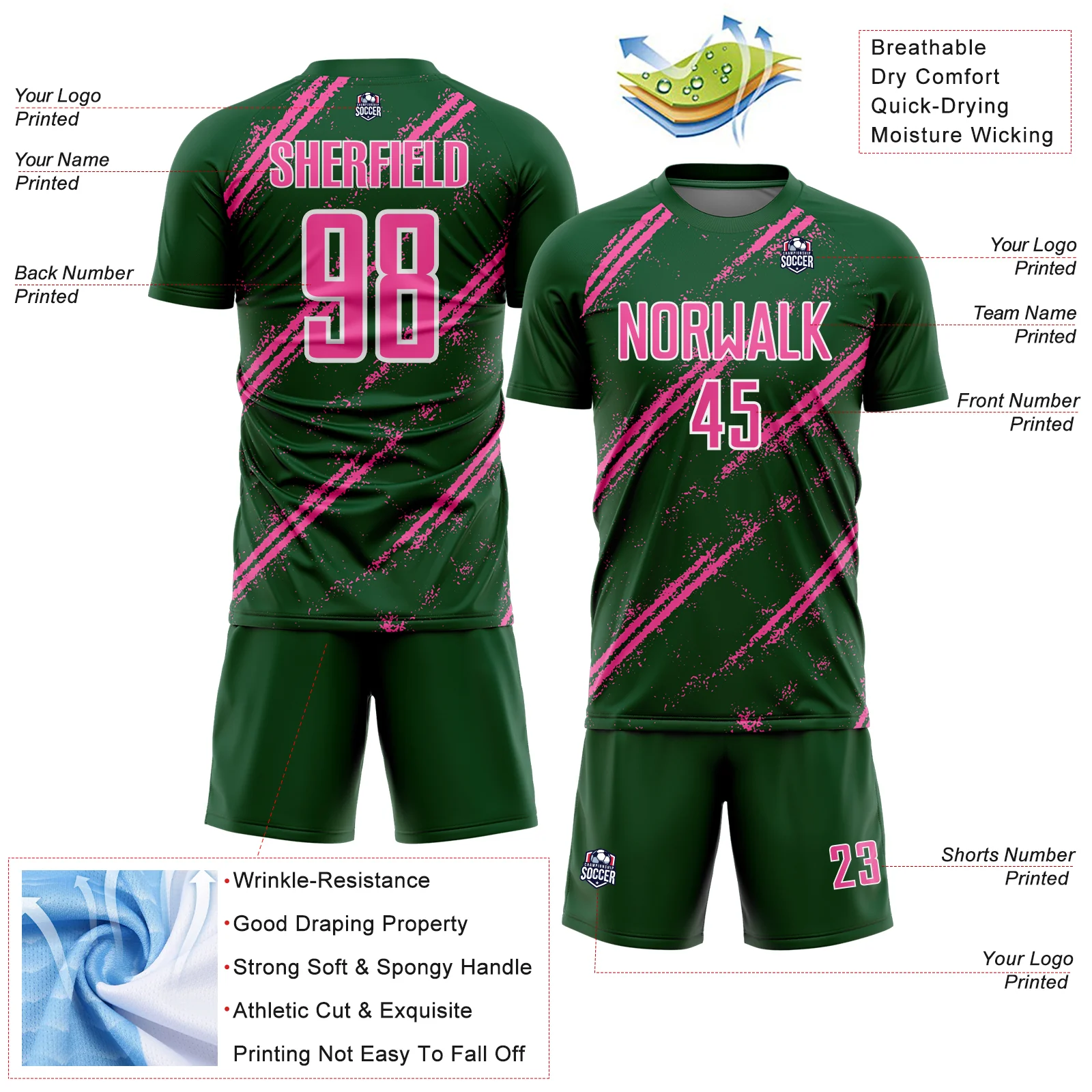 Custom Green Pink-White Abstract Fragment Art Splash Sublimation Soccer Uniform Jersey - Image 4