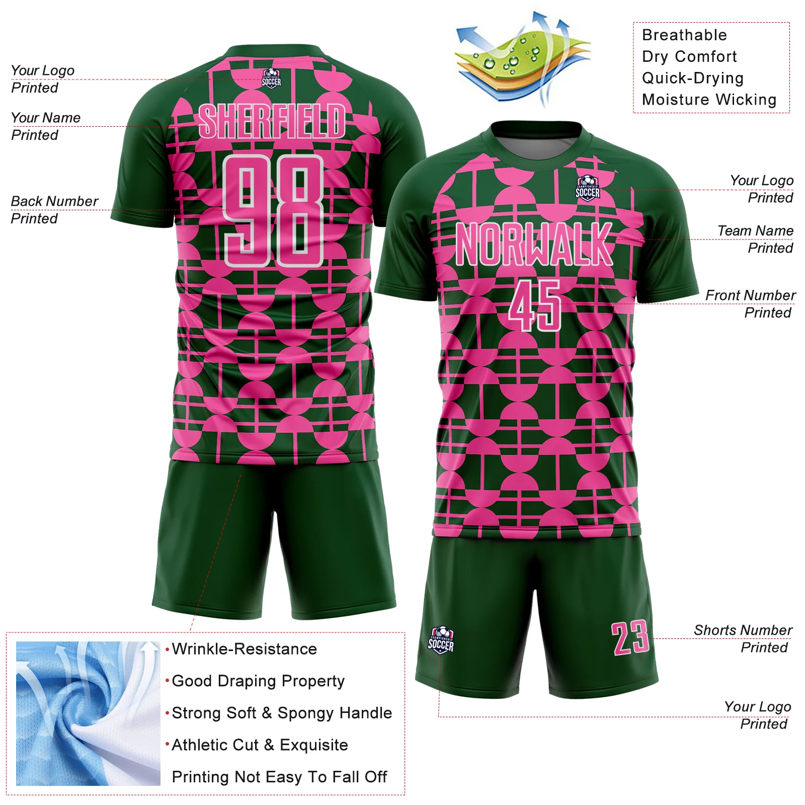 Custom Green Pink-White Geometric Shapes Sports Sublimation Soccer Uniform Jersey - Image 4