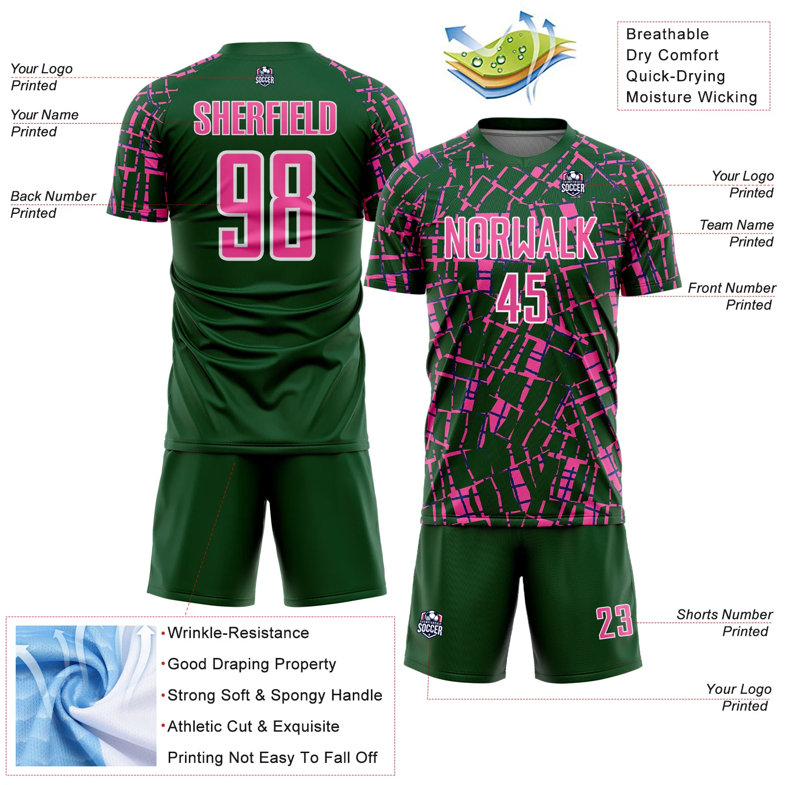 Custom Green Pink-White Abstract Line Sports Sublimation Soccer Uniform Jersey - Image 4