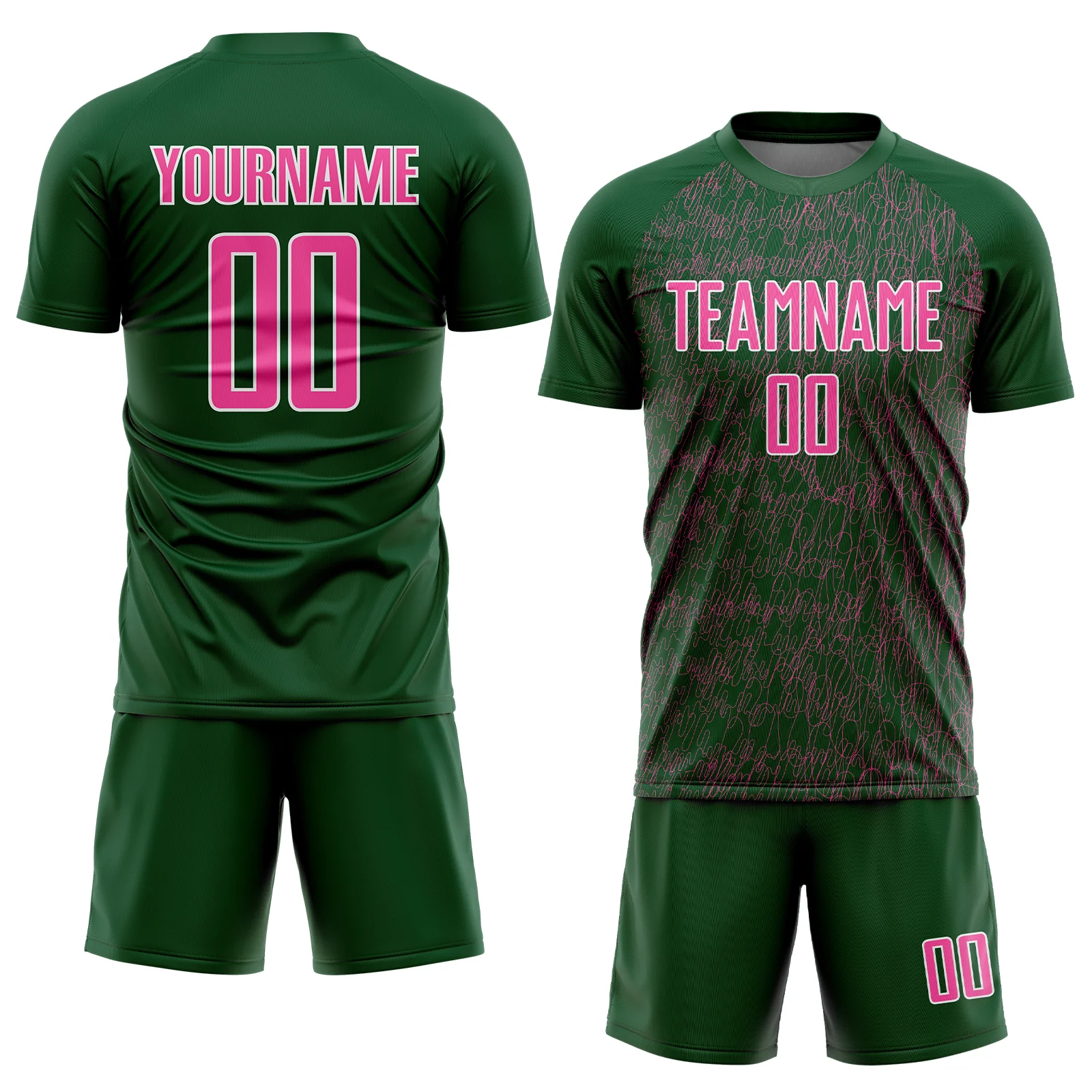 Custom Green Pink-White Abstract Scribble Curve Line Pattern Sports Sublimation Soccer Uniform Jersey - Image 2