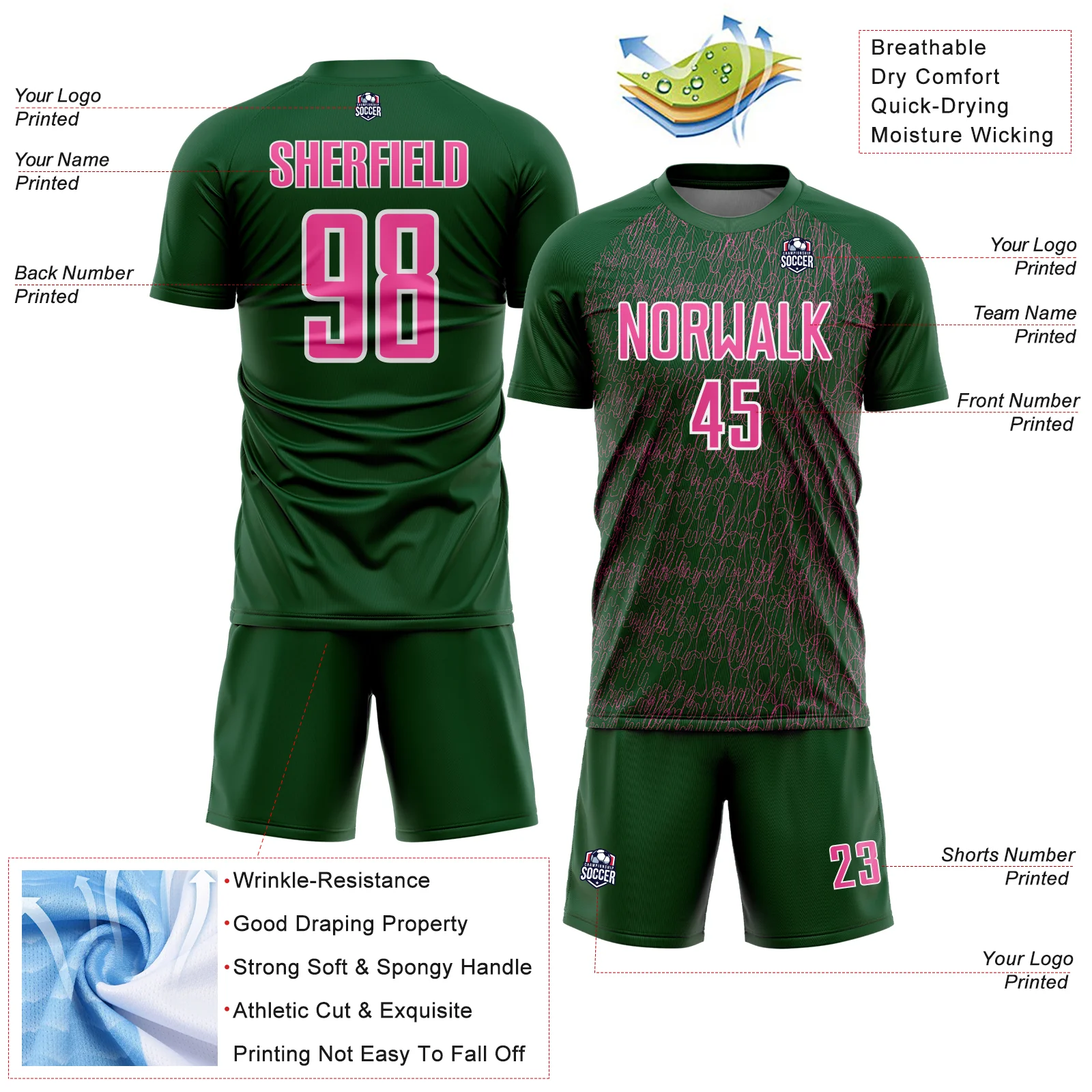 Custom Green Pink-White Abstract Scribble Curve Line Pattern Sports Sublimation Soccer Uniform Jersey - Image 4