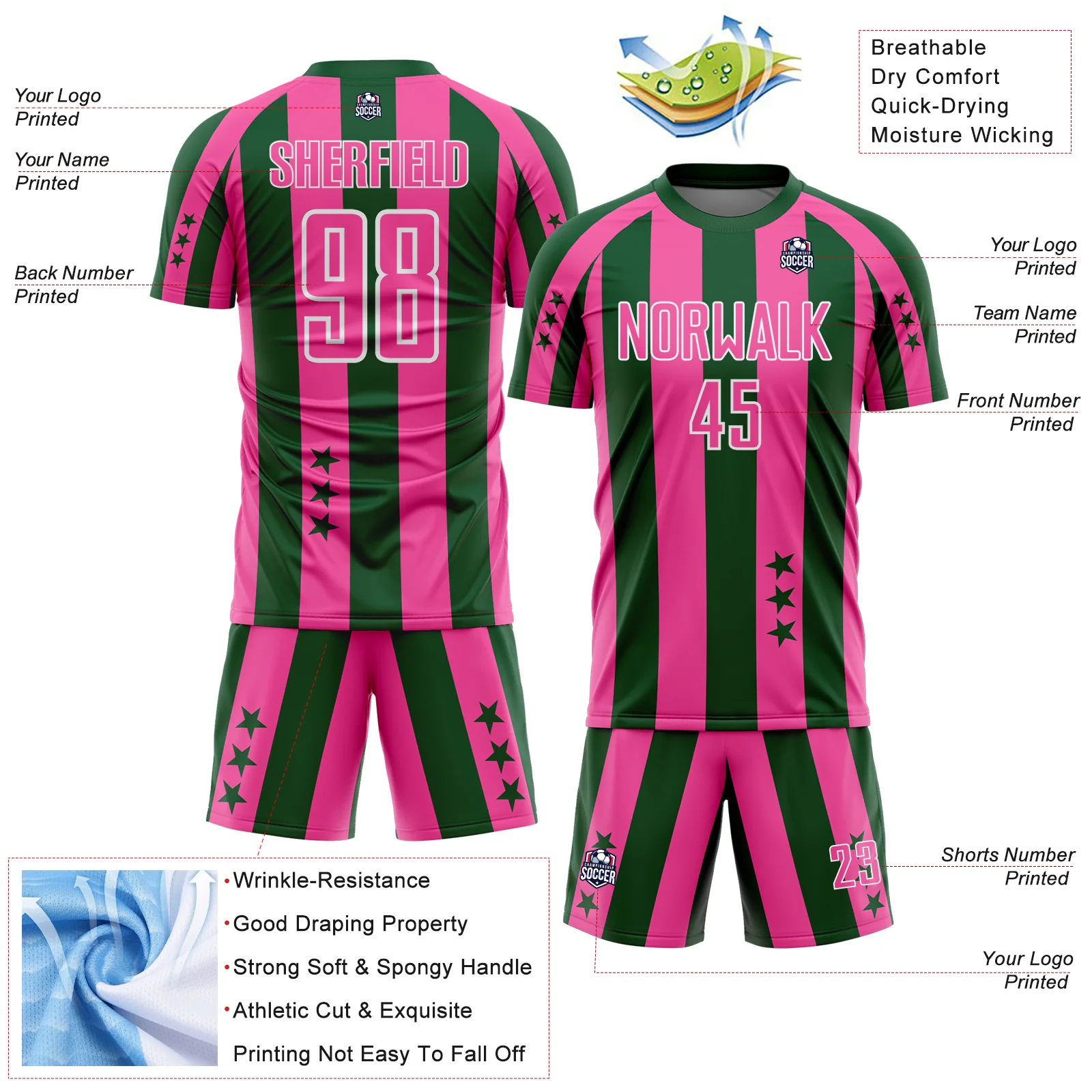 Custom Green Pink-White Stars And Stripes Sports Sublimation Soccer Uniform Jersey - Image 4