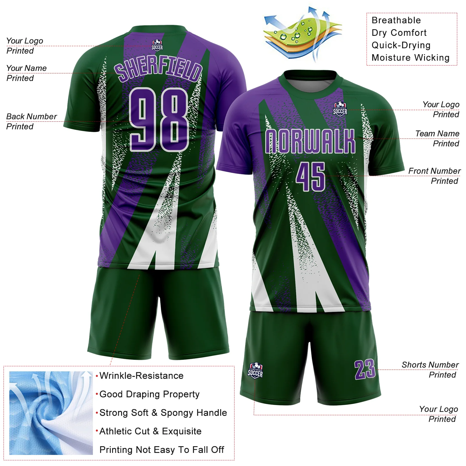 Custom Green Purple-White Radial Burst Sports Sublimation Soccer Uniform Jersey - Image 4