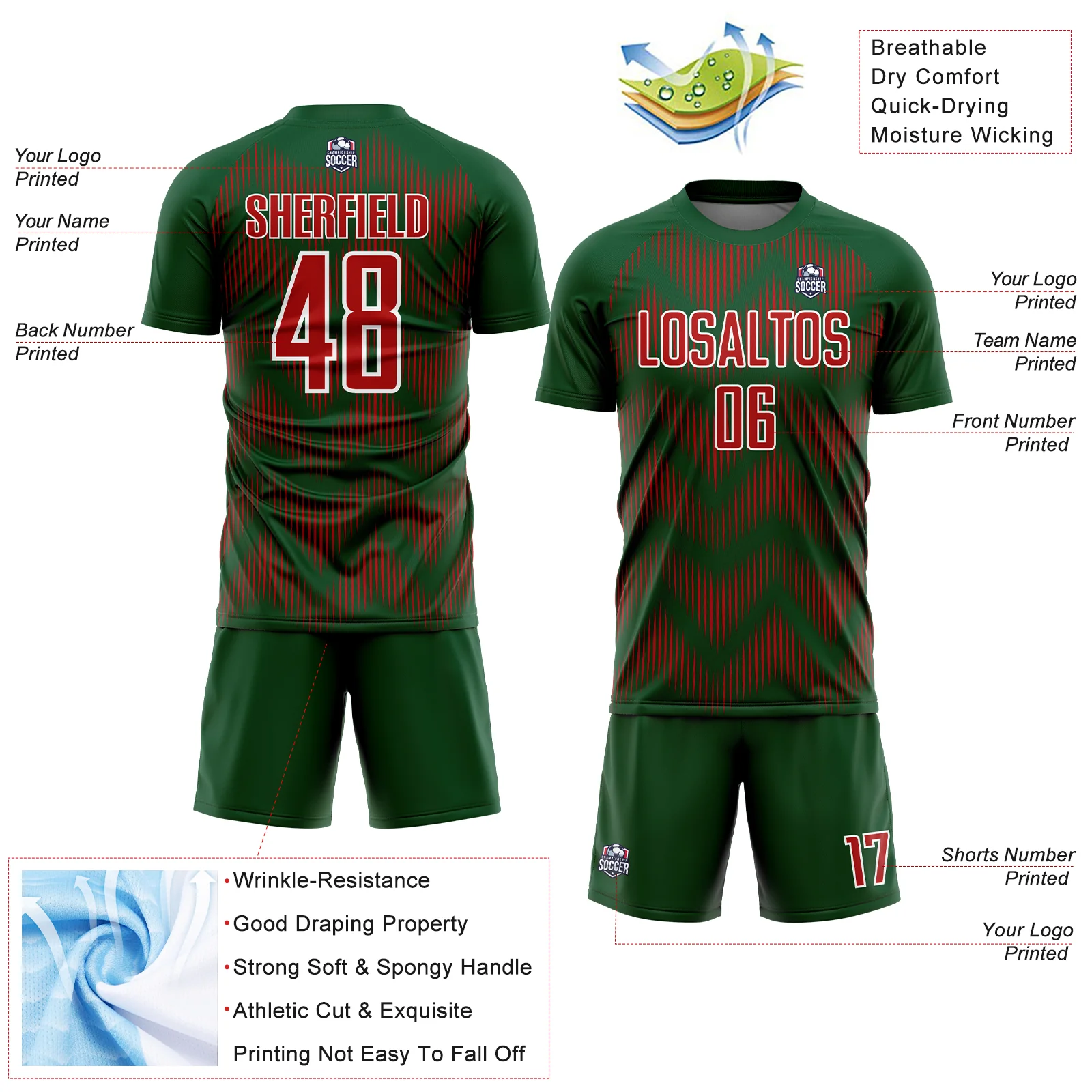 Custom Green Red-White Line Sublimation Soccer Uniform Jersey - Image 4