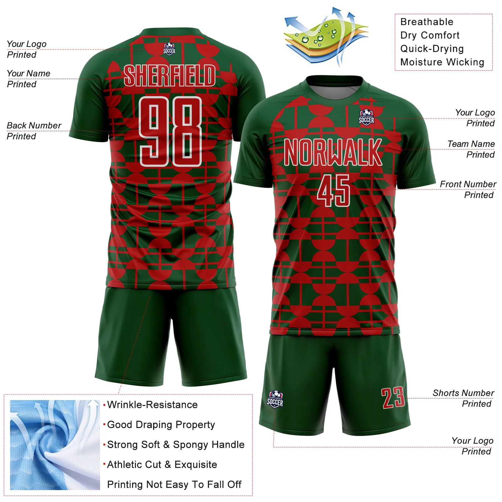Custom Green Red-White Geometric Shapes Sports Sublimation Soccer Uniform Jersey - Image 4