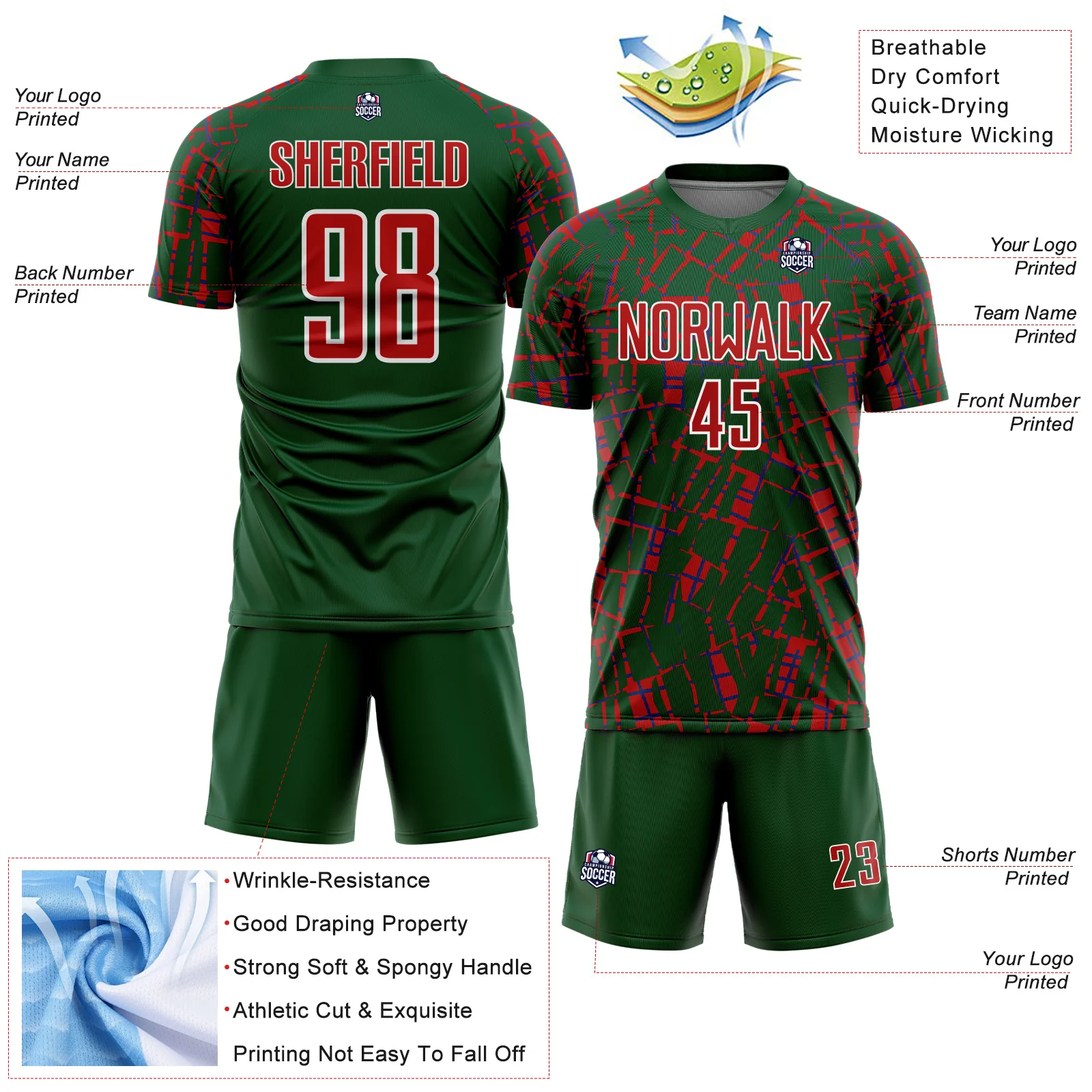 Custom Green Red-White Abstract Line Sports Sublimation Soccer Uniform Jersey - Image 4
