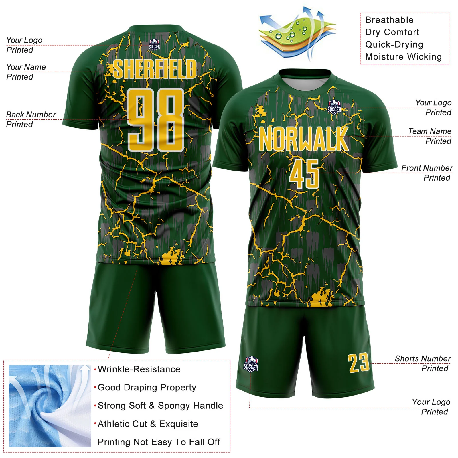 Custom Green Yellow-White Lightning Sublimation Soccer Uniform Jersey - Image 4
