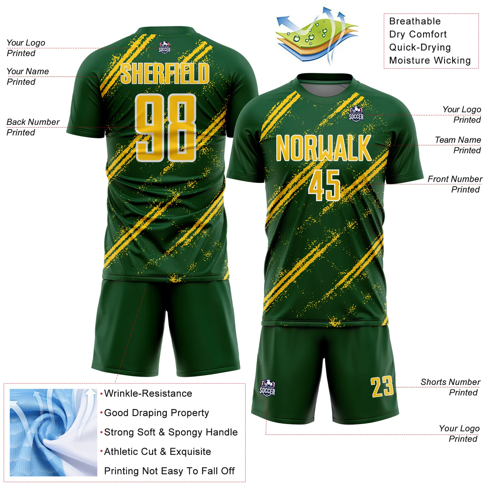 Custom Green Yellow-White Abstract Fragment Art Splash Sublimation Soccer Uniform Jersey - Image 4