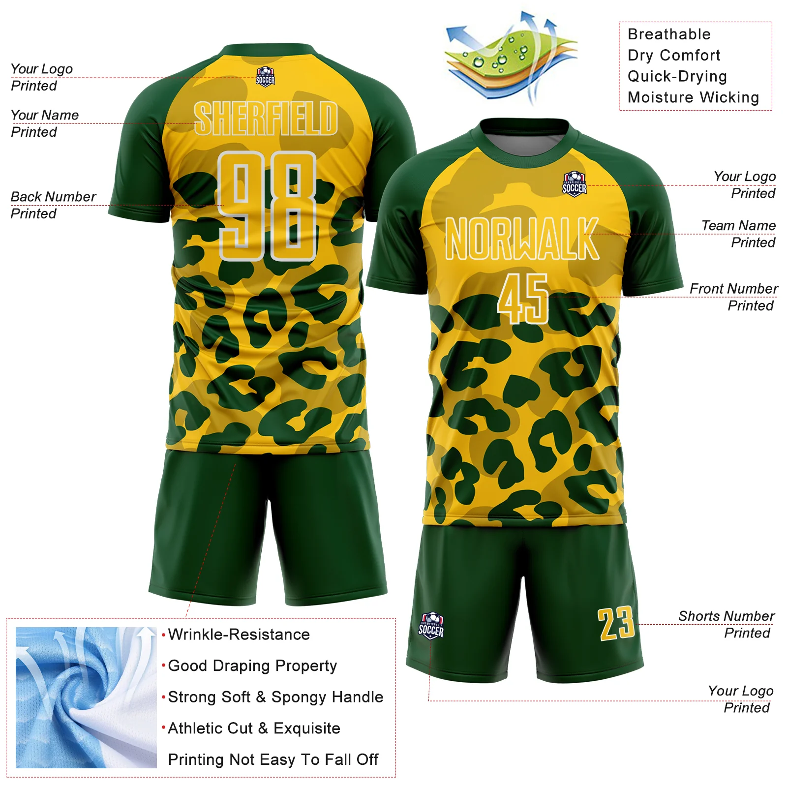Custom Green Yellow-White Animal Leopard Print Sports Sublimation Soccer Uniform Jersey - Image 4
