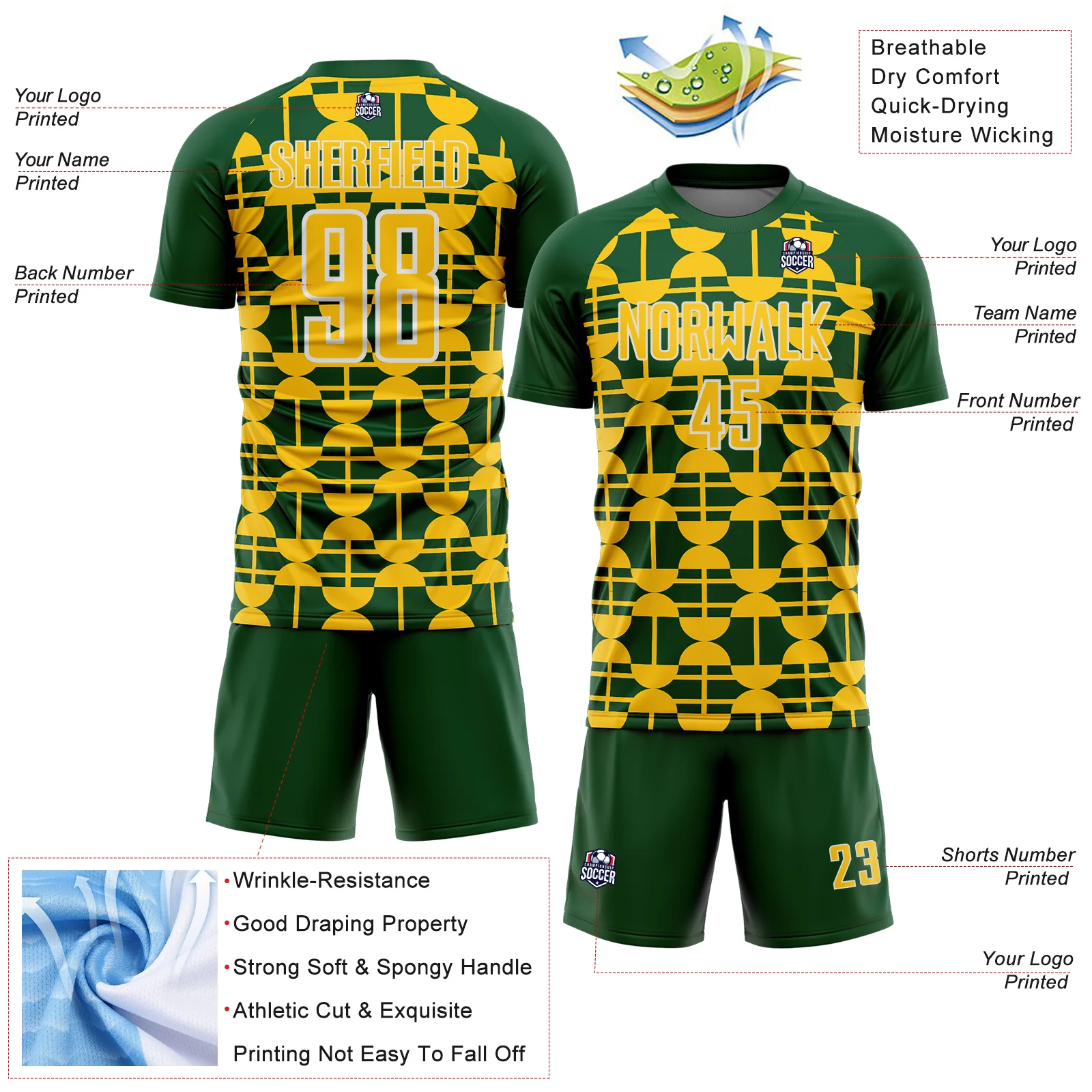 Custom Green Yellow-White Geometric Shapes Sports Sublimation Soccer Uniform Jersey - Image 4