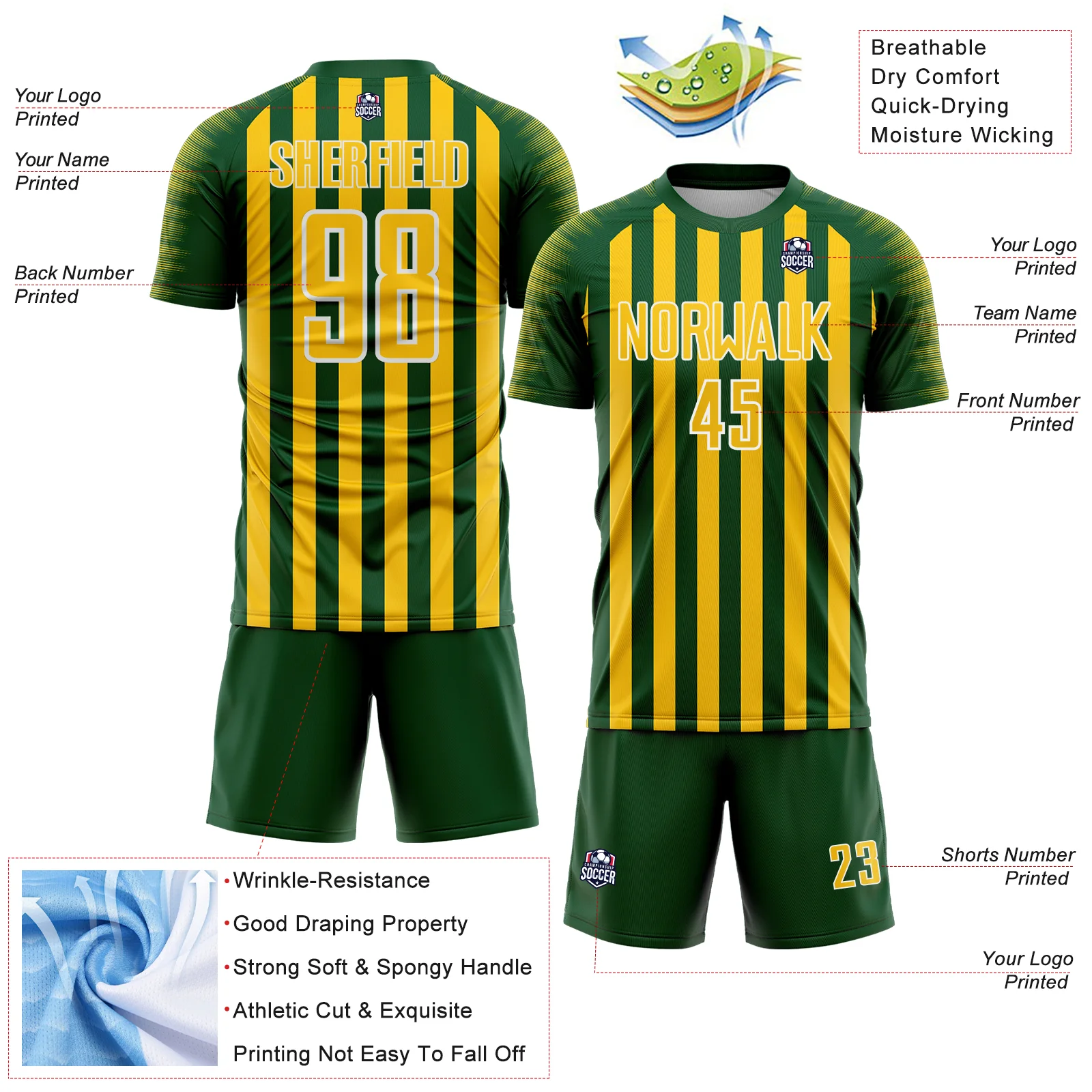 Custom Green Yellow-White Stripe Sports Sublimation Soccer Uniform Jersey - Image 4