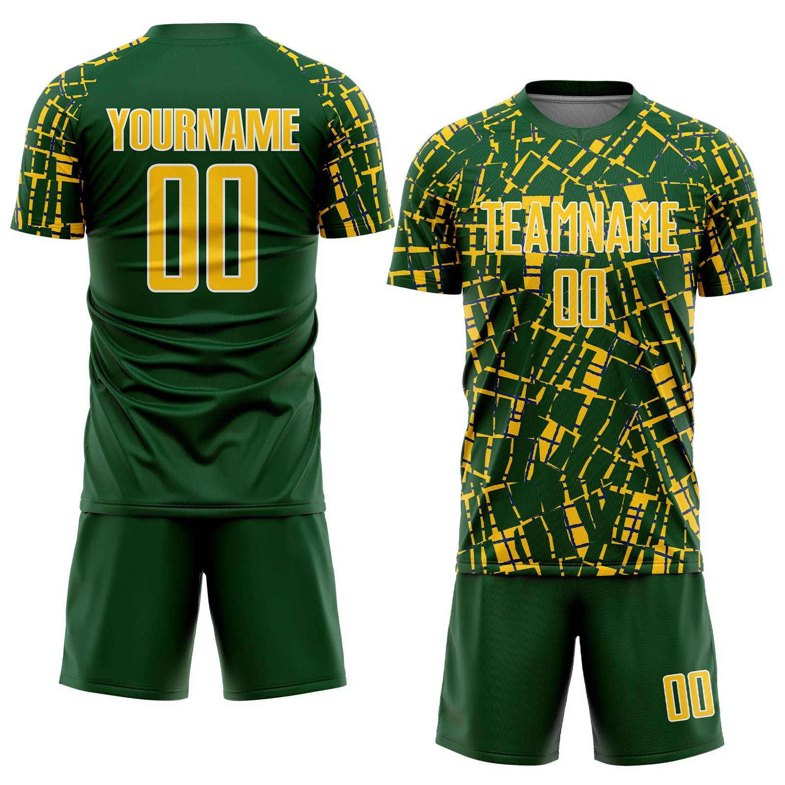 Custom Green Yellow-White Abstract Line Sports Sublimation Soccer Uniform Jersey - Image 2