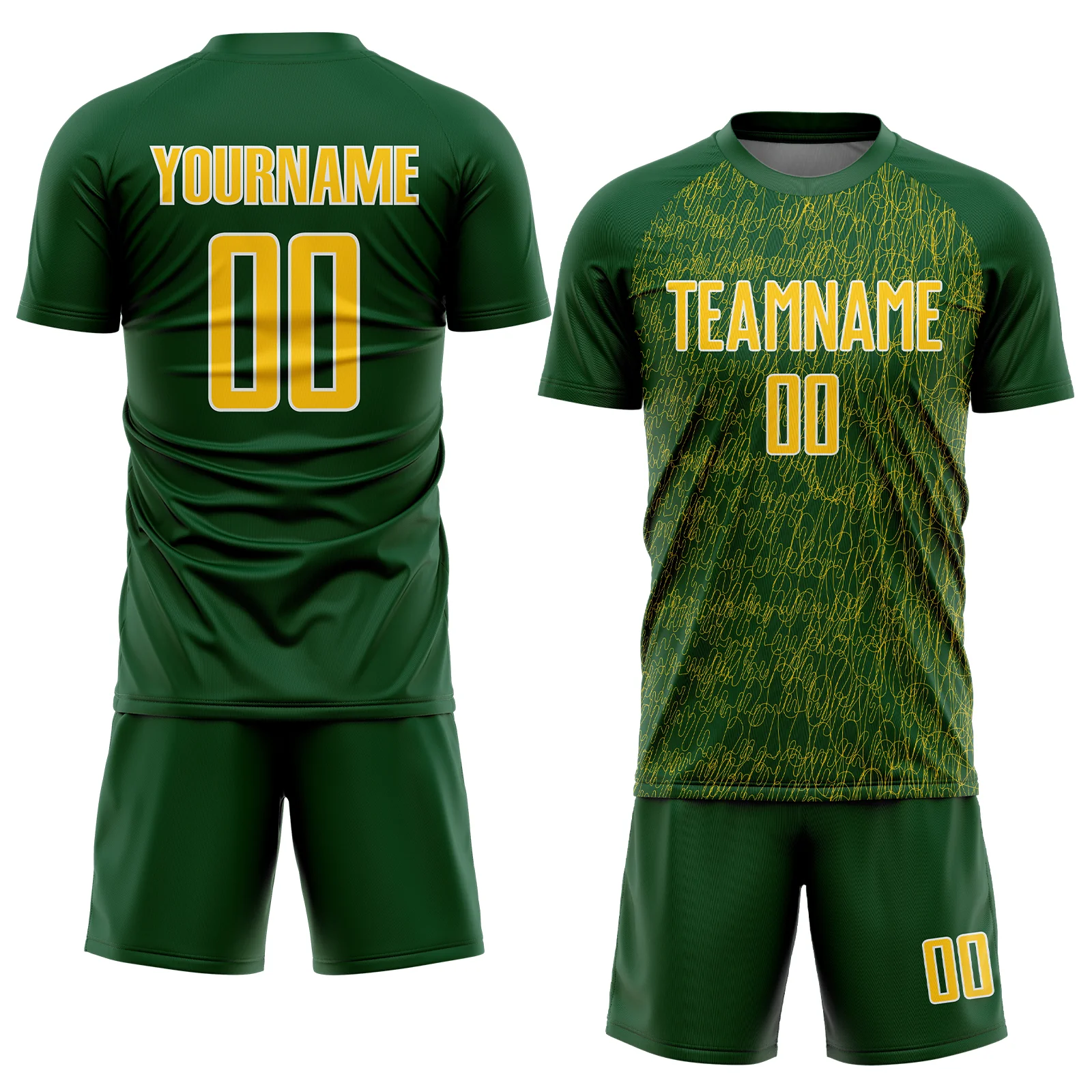 Custom Green Yellow-White Abstract Scribble Curve Line Pattern Sports Sublimation Soccer Uniform Jersey - Image 2