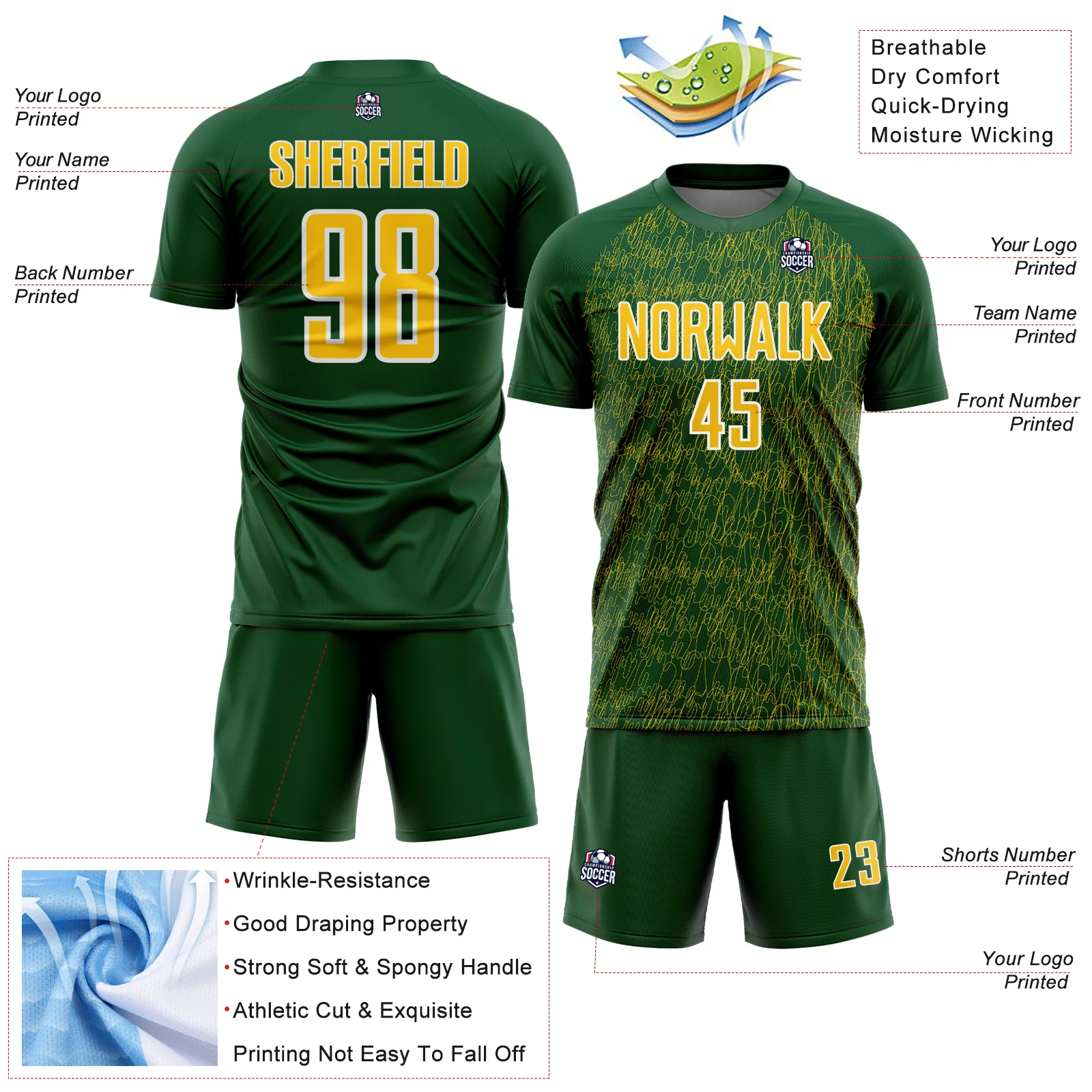 Custom Green Yellow-White Abstract Scribble Curve Line Pattern Sports Sublimation Soccer Uniform Jersey - Image 4