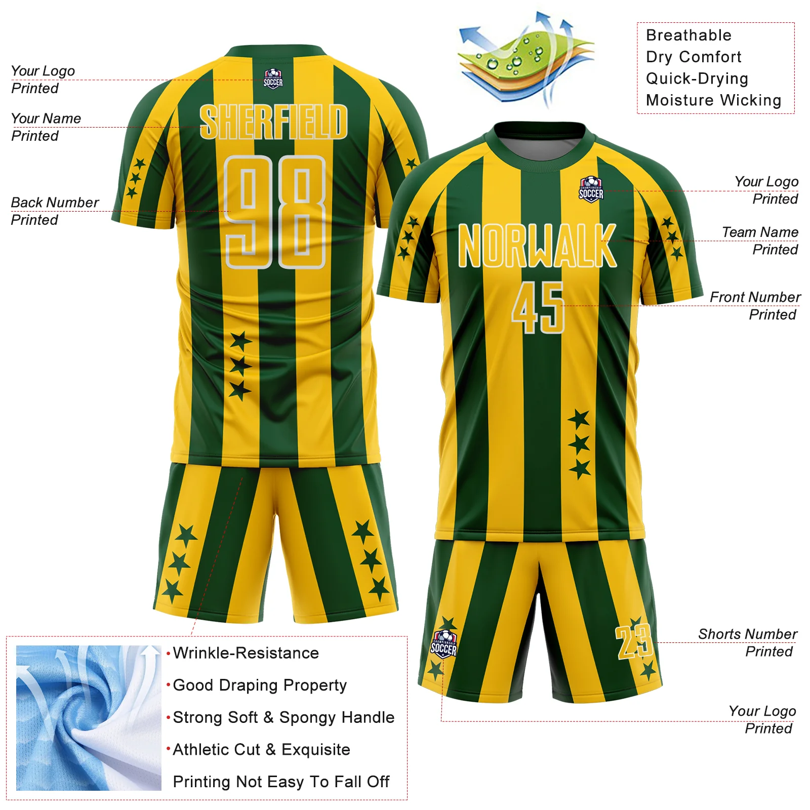 Custom Green Yellow-White Stars And Stripes Sports Sublimation Soccer Uniform Jersey - Image 4