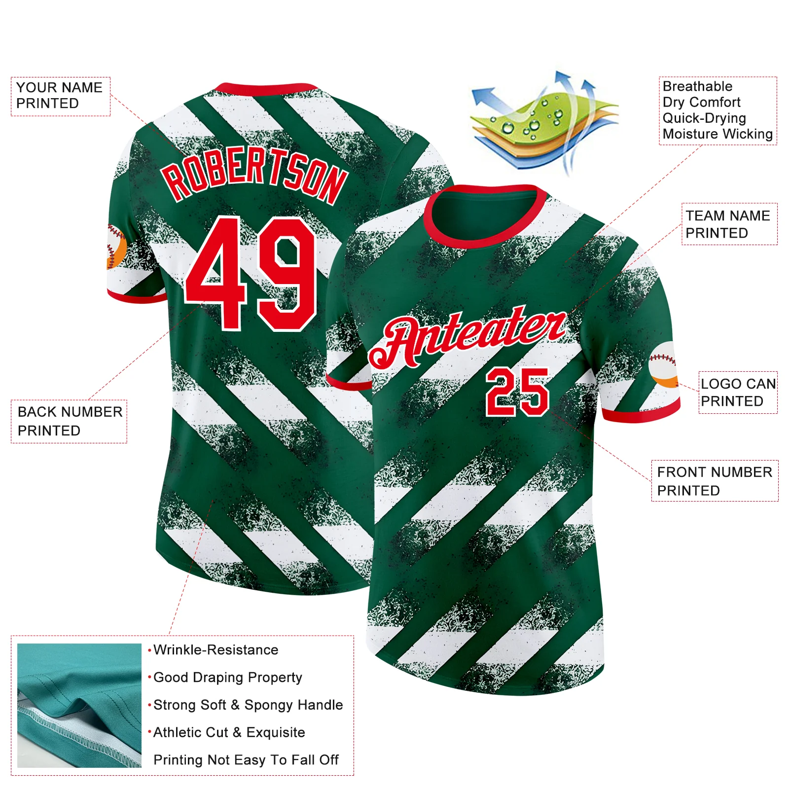 Custom Green Fire Red-White Algeria Distressed Diagonal Stripe Soccer Jersey Performance T-Shirt - Image 2