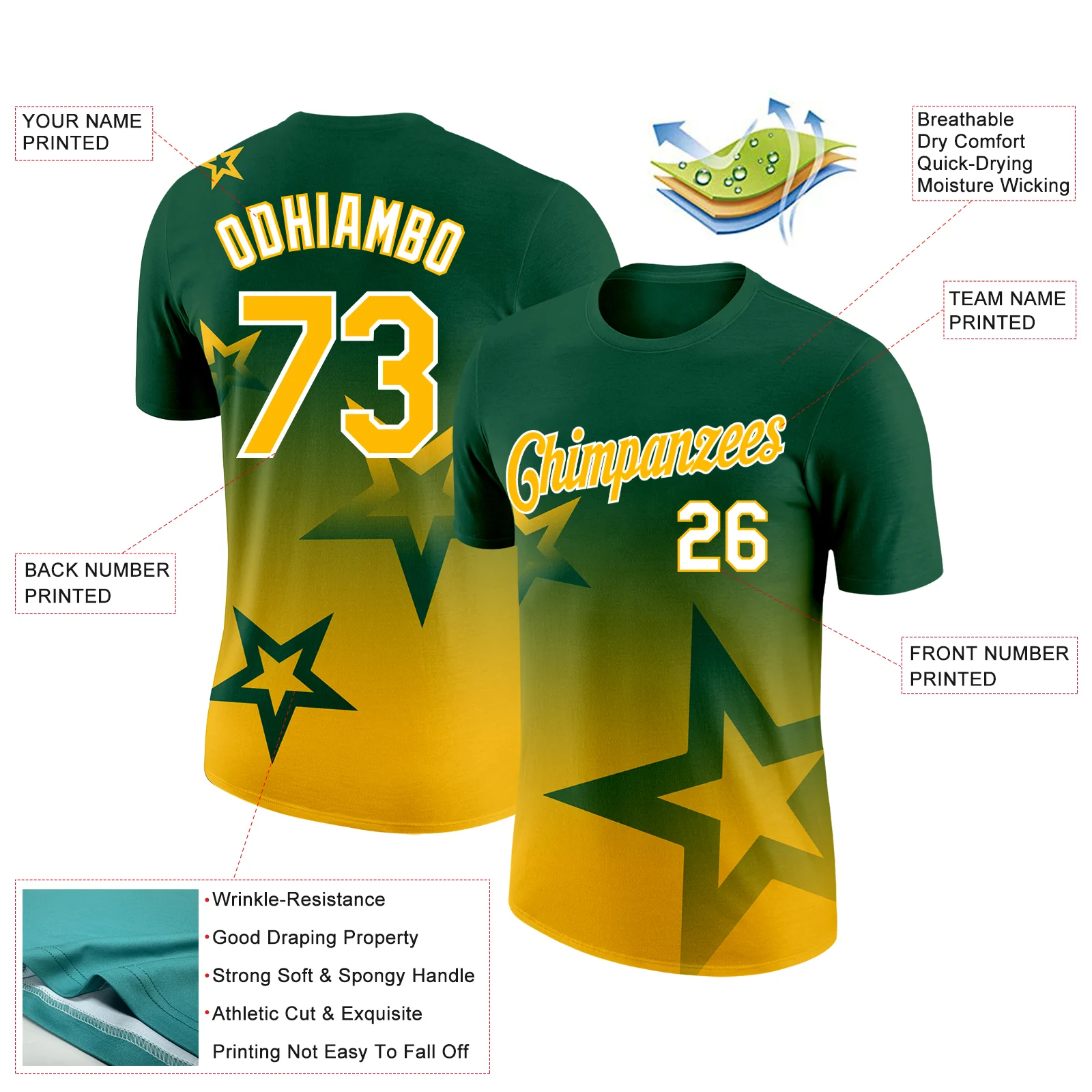 Custom Green Gold-White 3D Pattern Design Gradient Style Twinkle Star Performance T-Shirt - Image 2