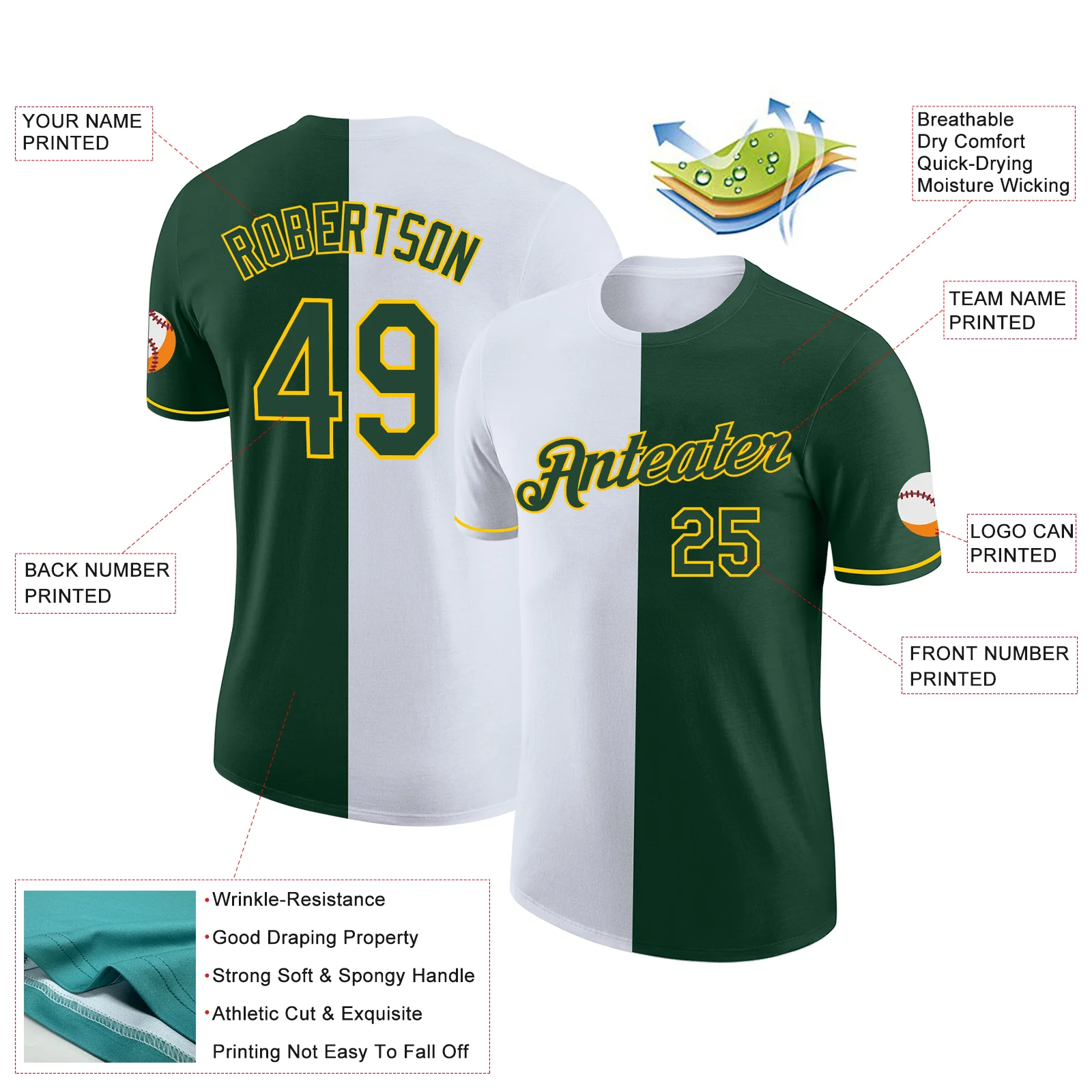 Custom Green White-Yellow Split Fashion Performance T-Shirt - Image 2