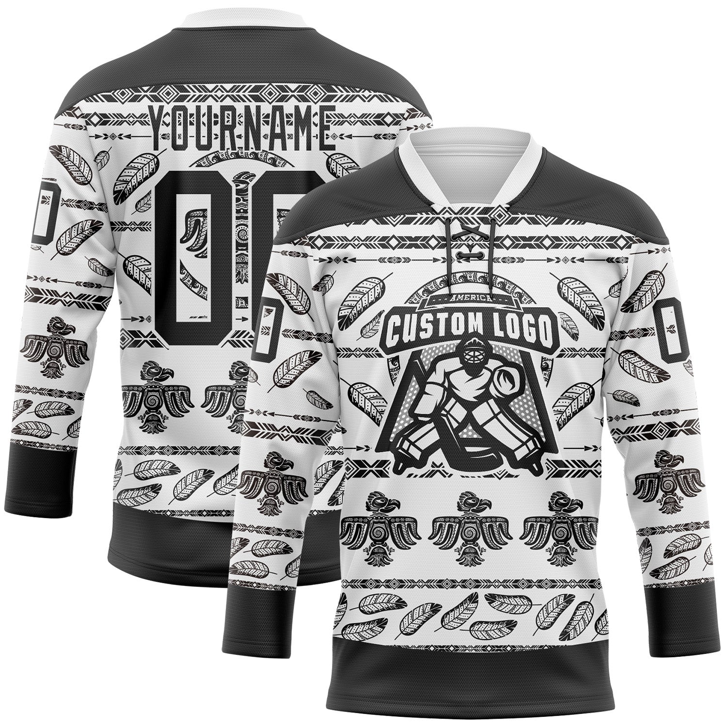 Custom White Black 3D Pattern Native Americans Tribal Indigenous People Hockey Lace Neck Jersey - Image 2