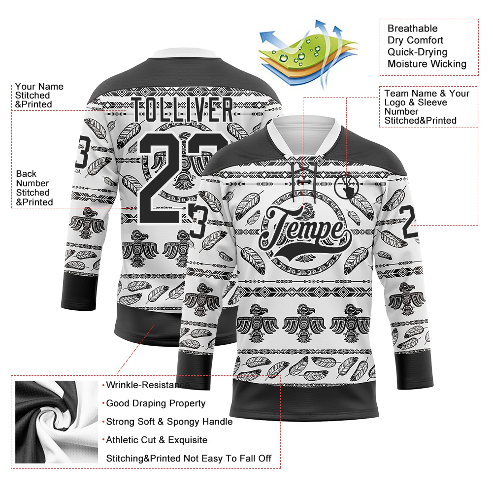 Custom White Black 3D Pattern Native Americans Tribal Indigenous People Hockey Lace Neck Jersey - Image 5
