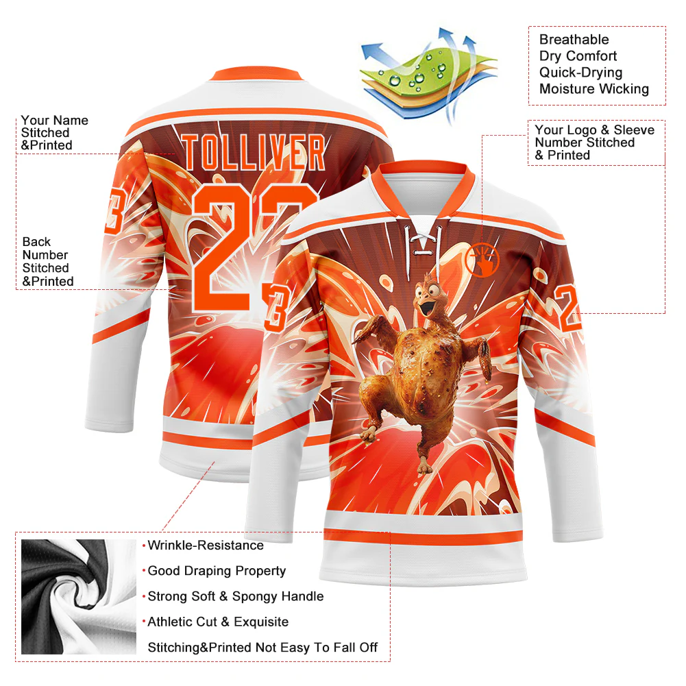 Custom White Orange Foodie Funny Thanksgiving Turkey Hockey Lace Neck Jersey - Image 4