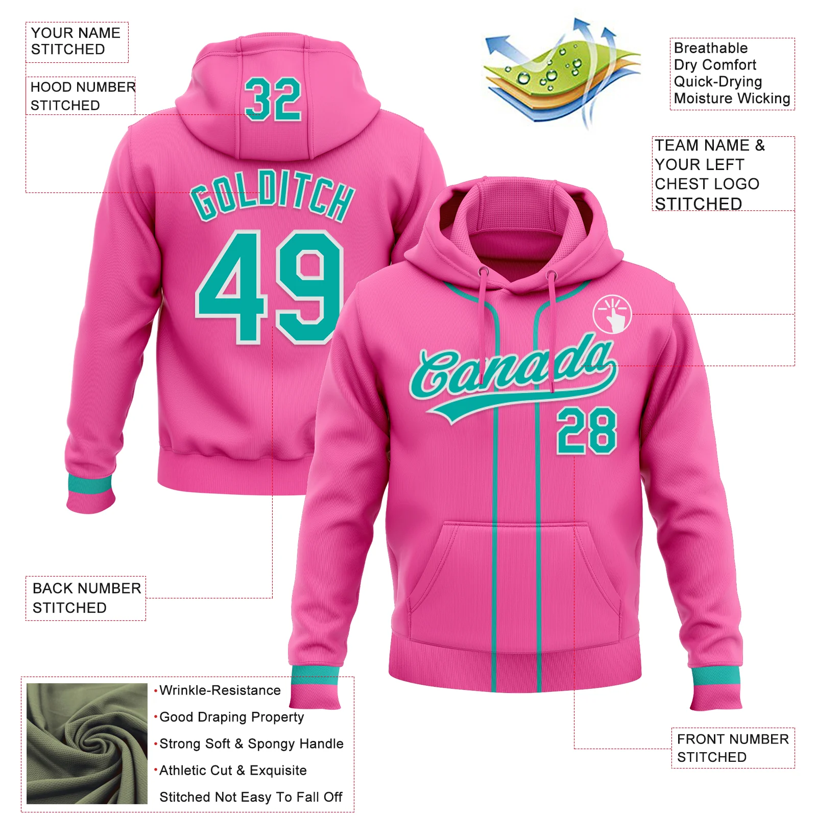 Custom Stitched Pink Aqua-White Baseball Pullover Sweatshirt Hoodie - Image 2