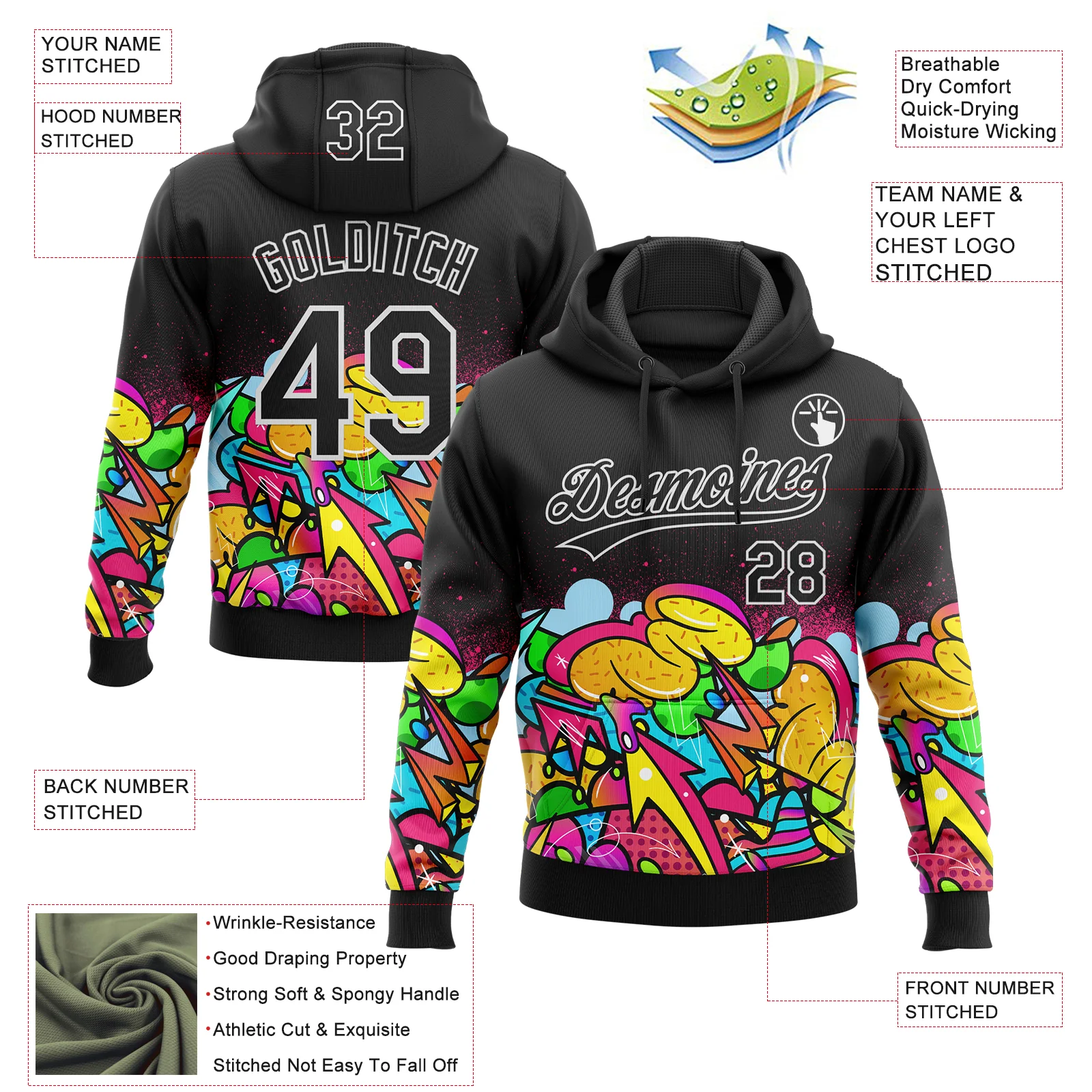 Custom Stitched Black White 3D Graffiti Splash Street Art Sports Pullover Sweatshirt Hoodie - Image 2