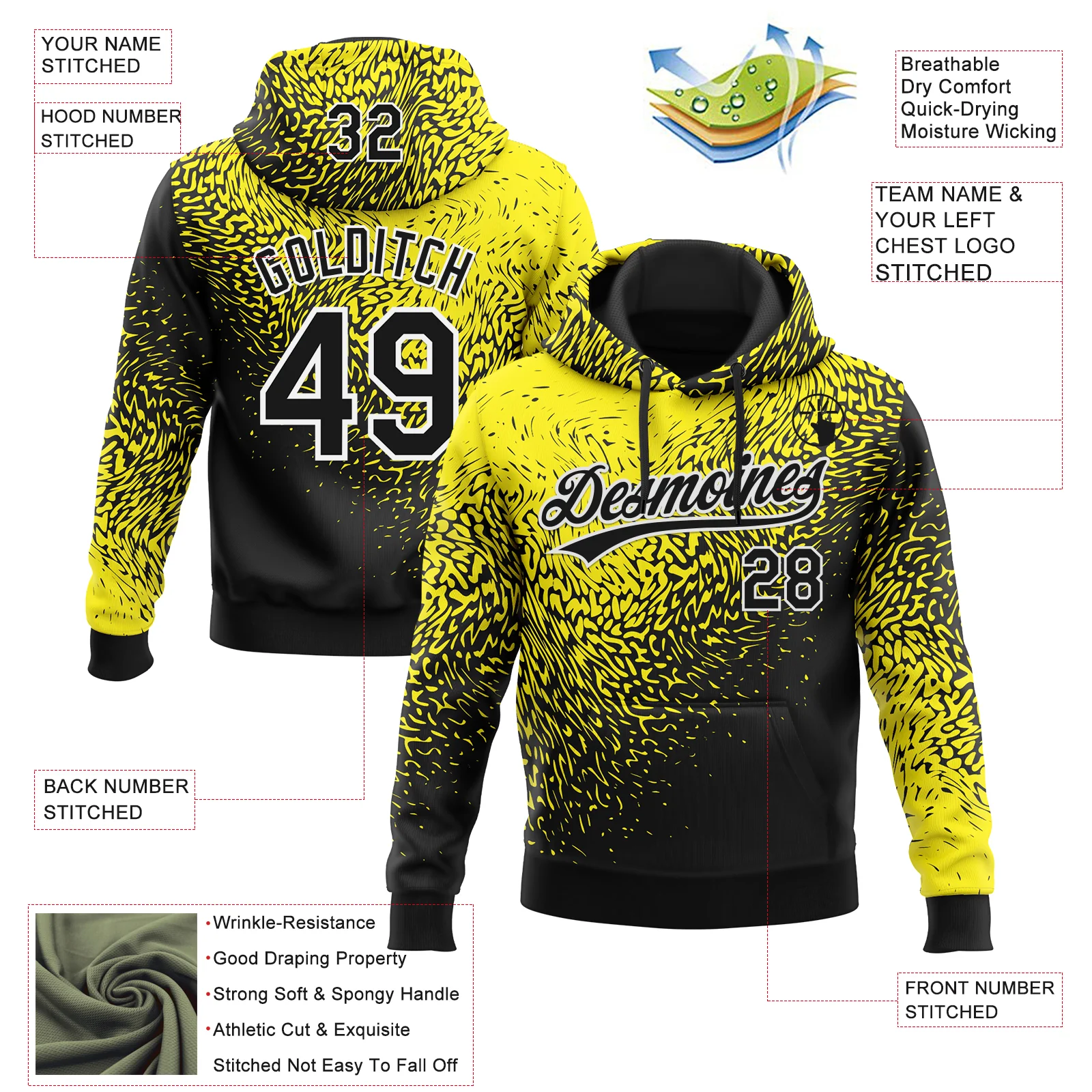 Custom Stitched Light Yellow Black-White 3D Pattern Design Abstract Shape Sports Pullover Sweatshirt Hoodie - Image 2